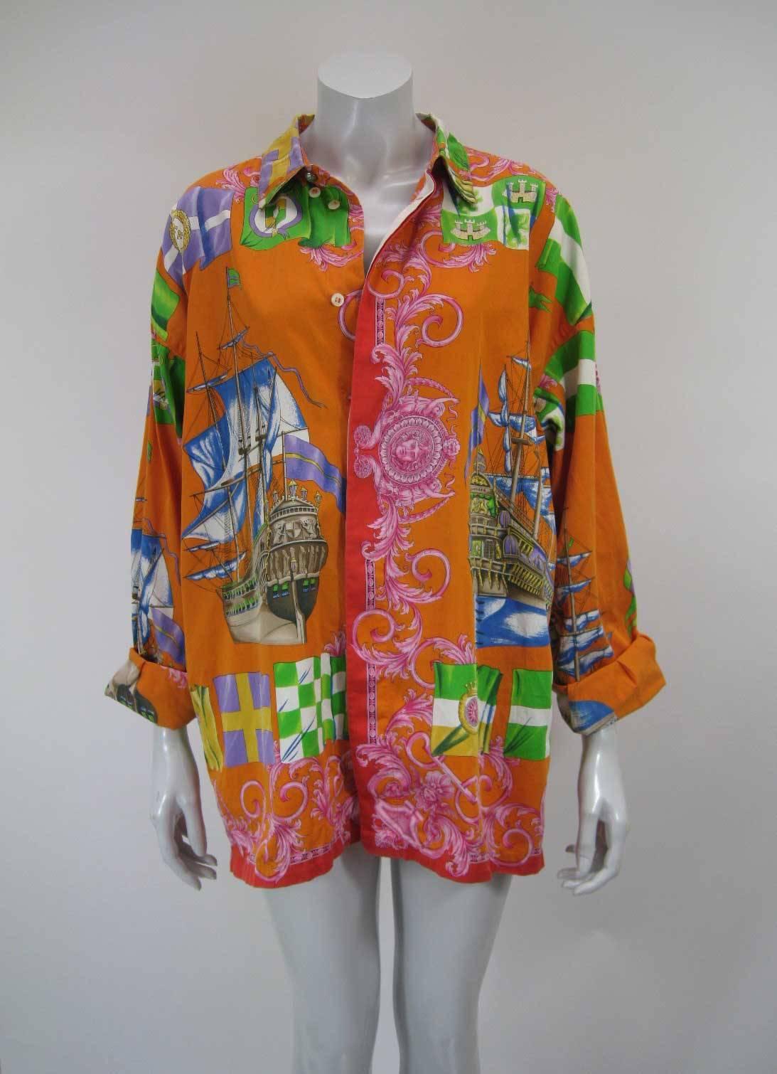 Gianni Versace Printed Sailboat Suns Motif Shirt In Good Condition For Sale In Oakland, CA