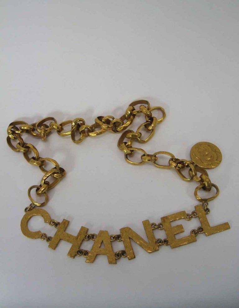 Rare 1993 Chanel Hammered Gold Tone Big Letter Logo Chain Belt at