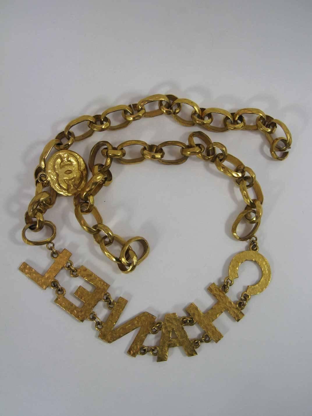 Women's or Men's Rare 1993 Chanel Hammered Gold Tone Big Letter Logo Chain Belt 