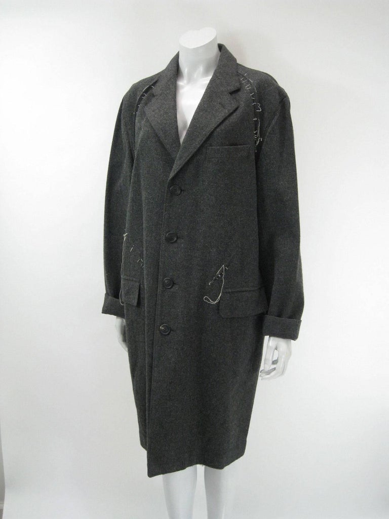 Issey Miyake Grey Wool Coat Trench w White Stitching Pleats For 