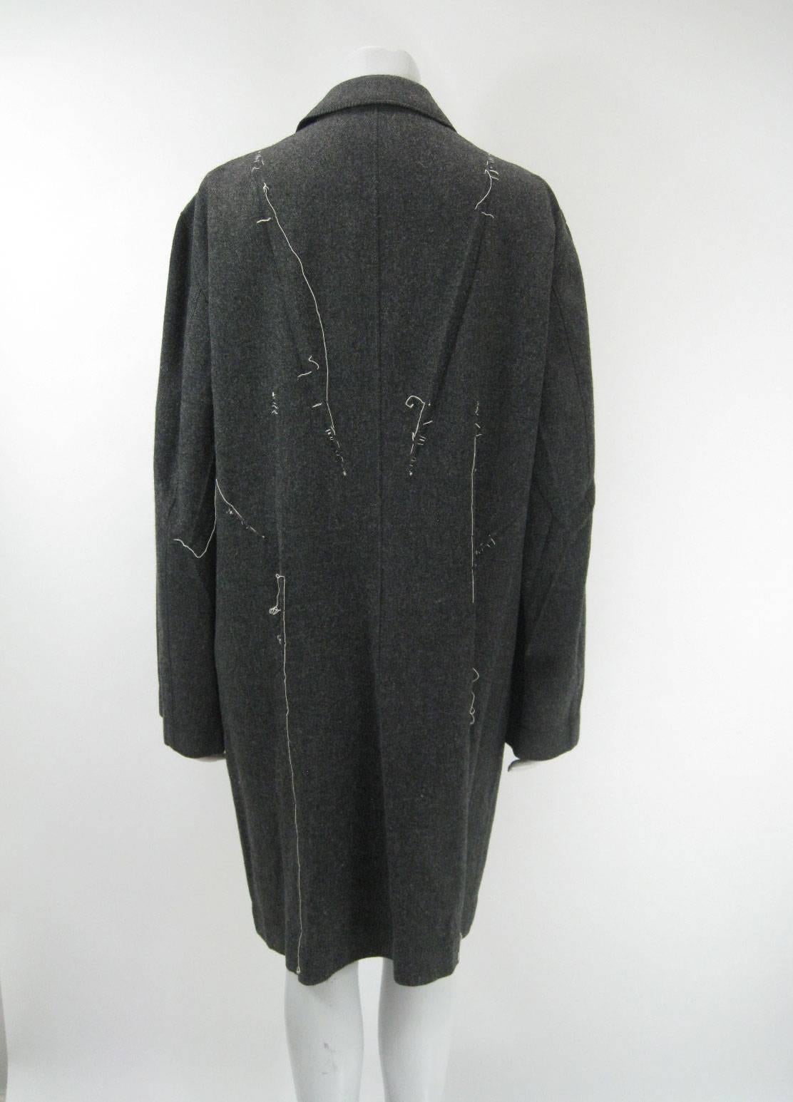 Issey Miyake Grey Wool Coat Trench w White Stitching Pleats For Sale 2