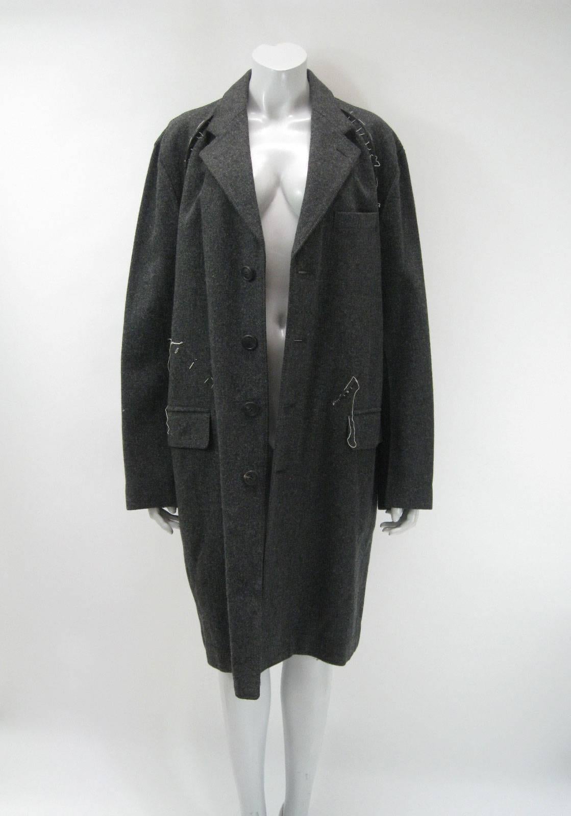 Gray Issey Miyake Grey Wool Coat Trench w White Stitching Pleats For Sale