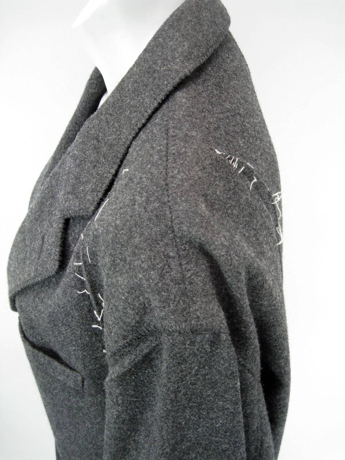 Issey Miyake Grey Wool Coat Trench w White Stitching Pleats In Excellent Condition For Sale In Oakland, CA