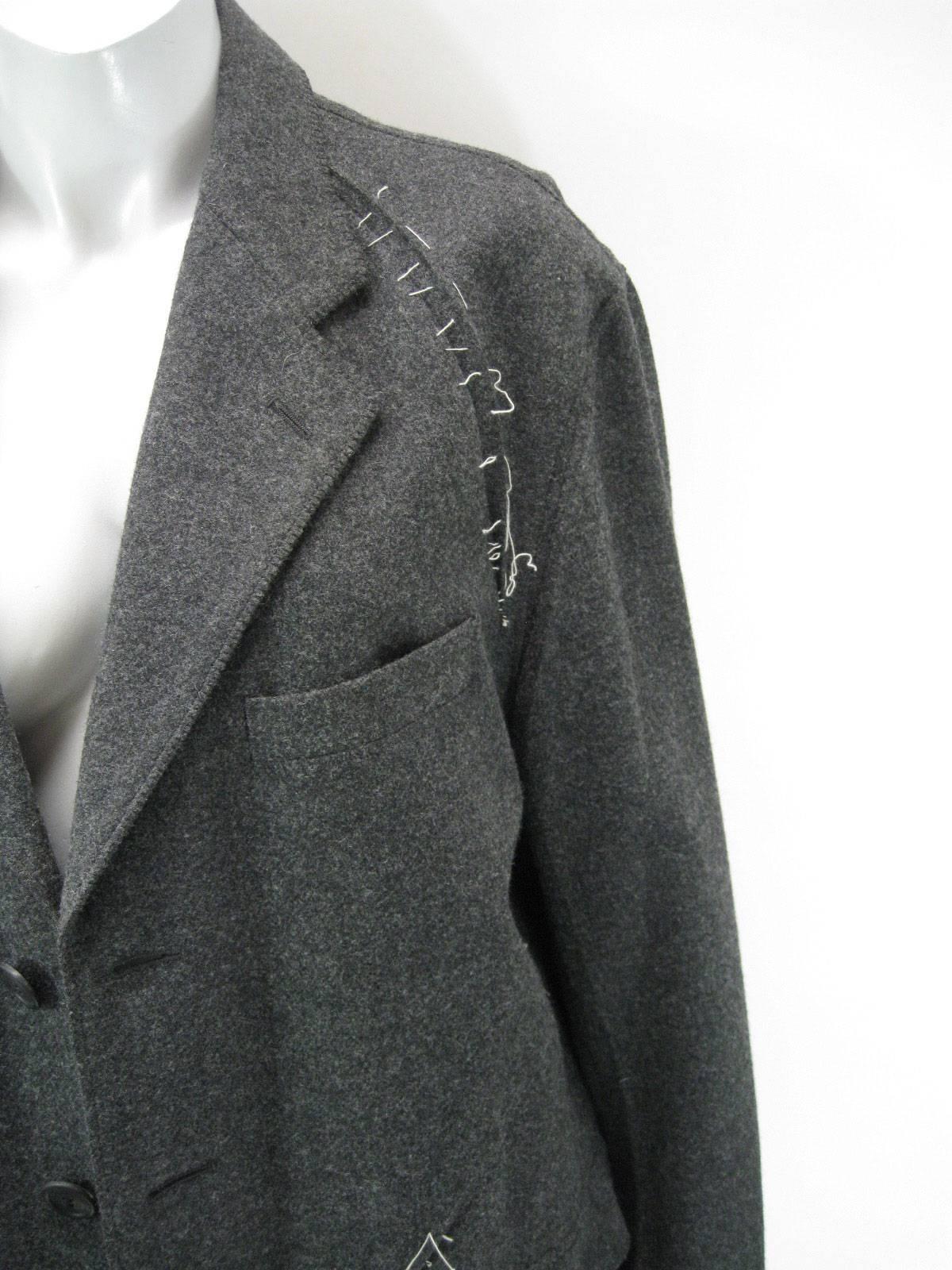 Women's or Men's Issey Miyake Grey Wool Coat Trench w White Stitching Pleats For Sale
