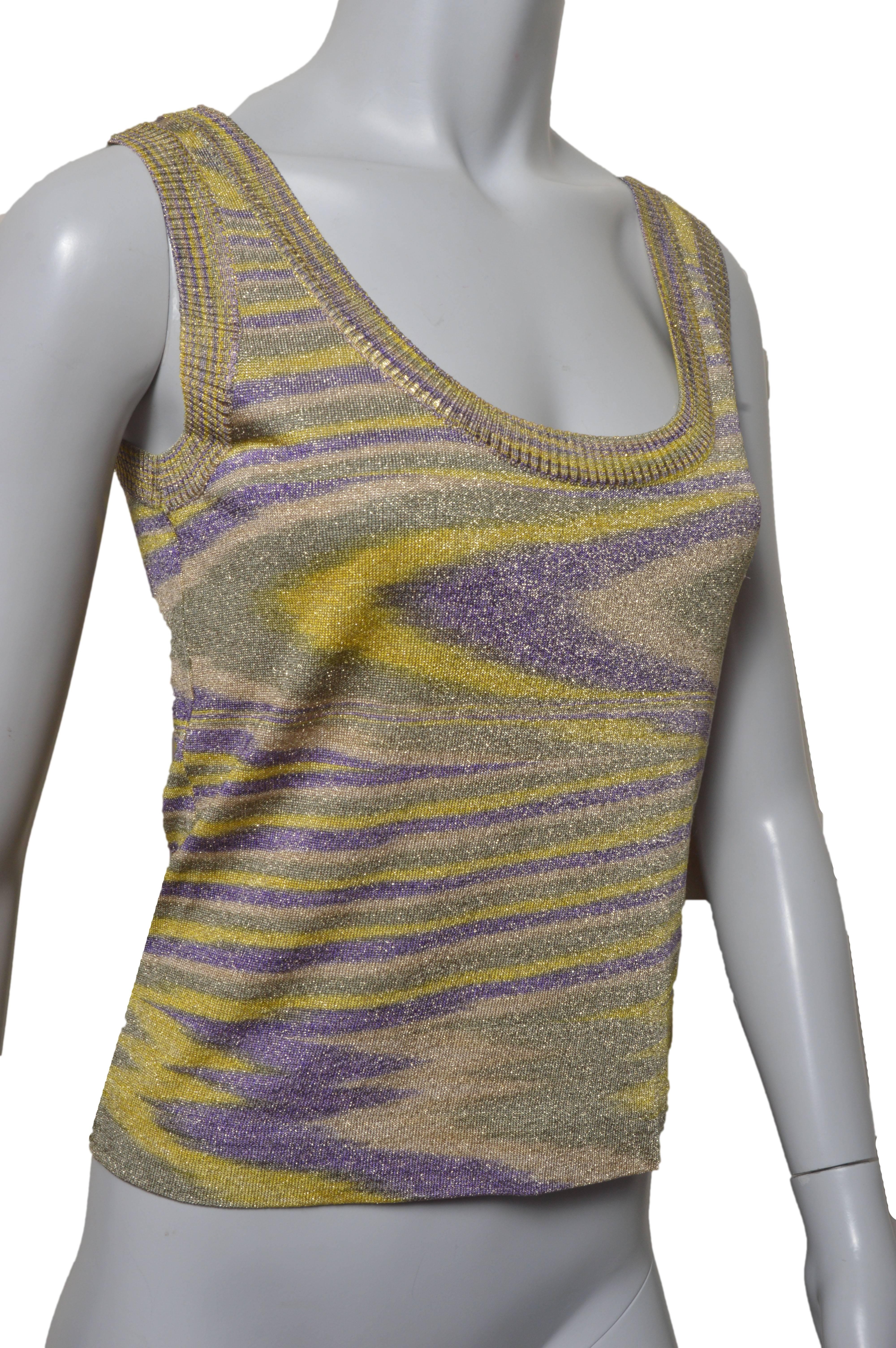 Lovely Missoni woven tank top.
Shades of yellow, purple and muted green 
with gold metallic thread woven throughout.
Scoop neck and back. 
No size tag found.