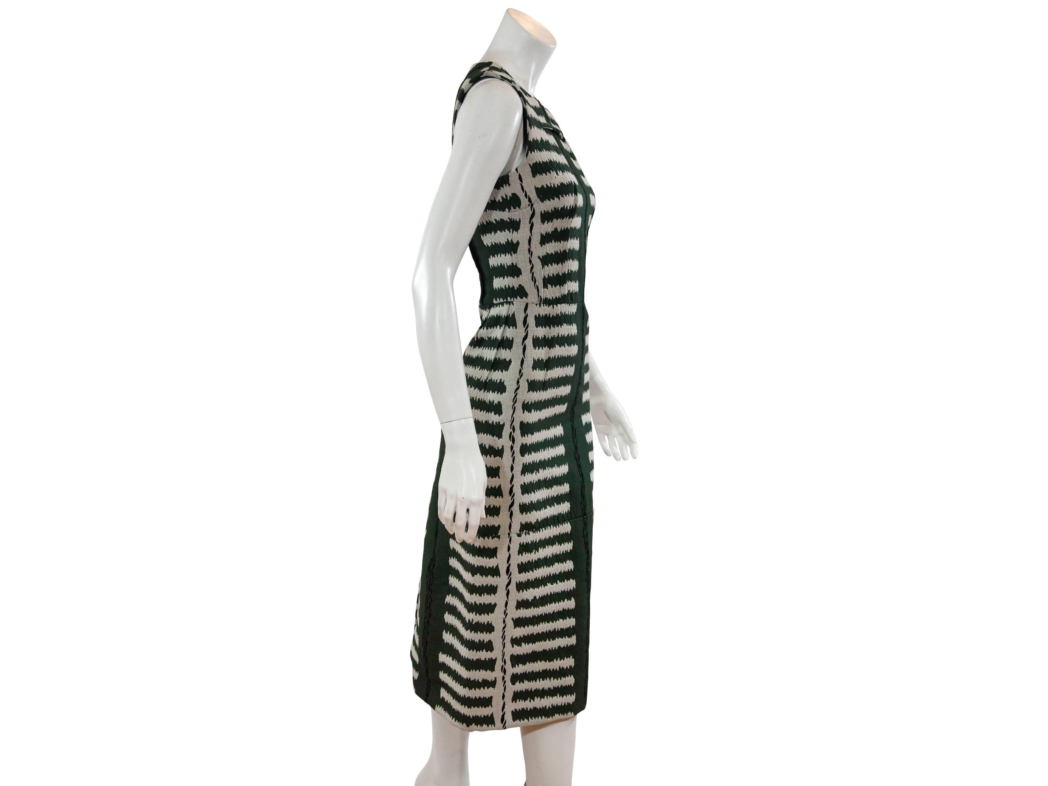 Modern green and ivory striped sheath dress by Marni.  Sleeveless.  Jewelneck.  Exposed back zip closure.  Asymmetrical back hem vent.