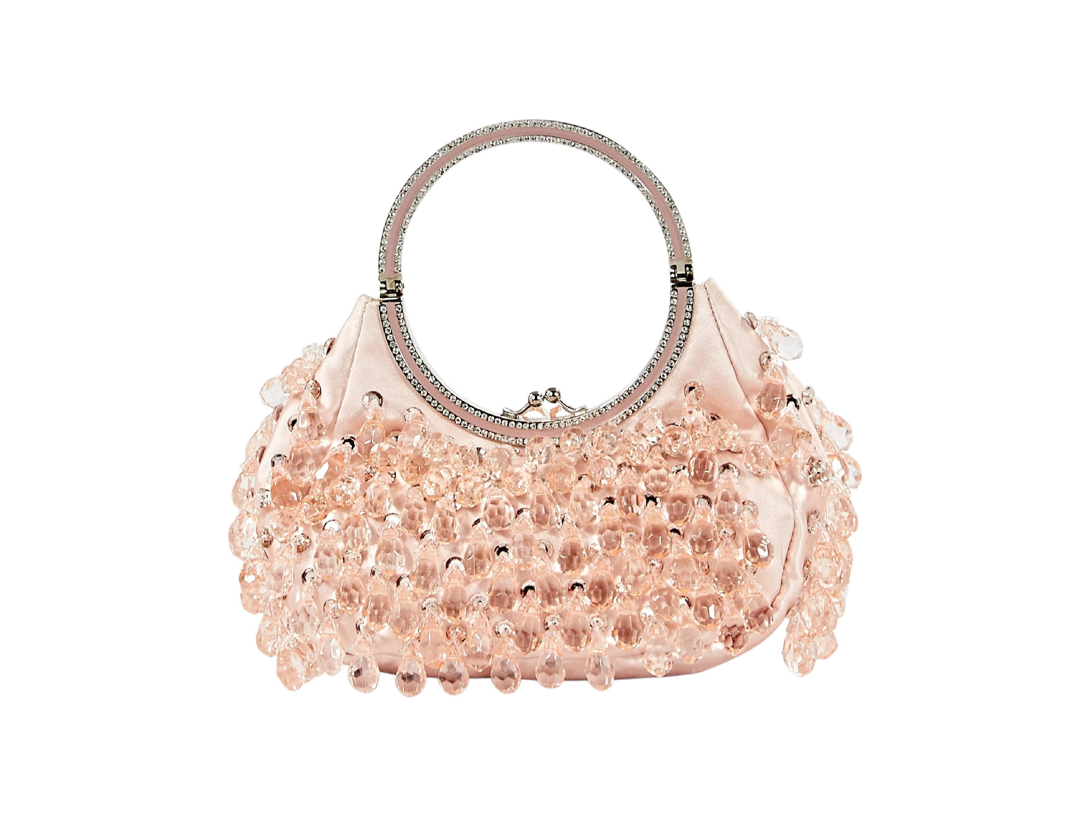Peach satin handbag by Valentino.  Embellished with faceted teardrop crystals.  Kiss-lock closure.  Silvertone hardware. Includes dust bag & box.