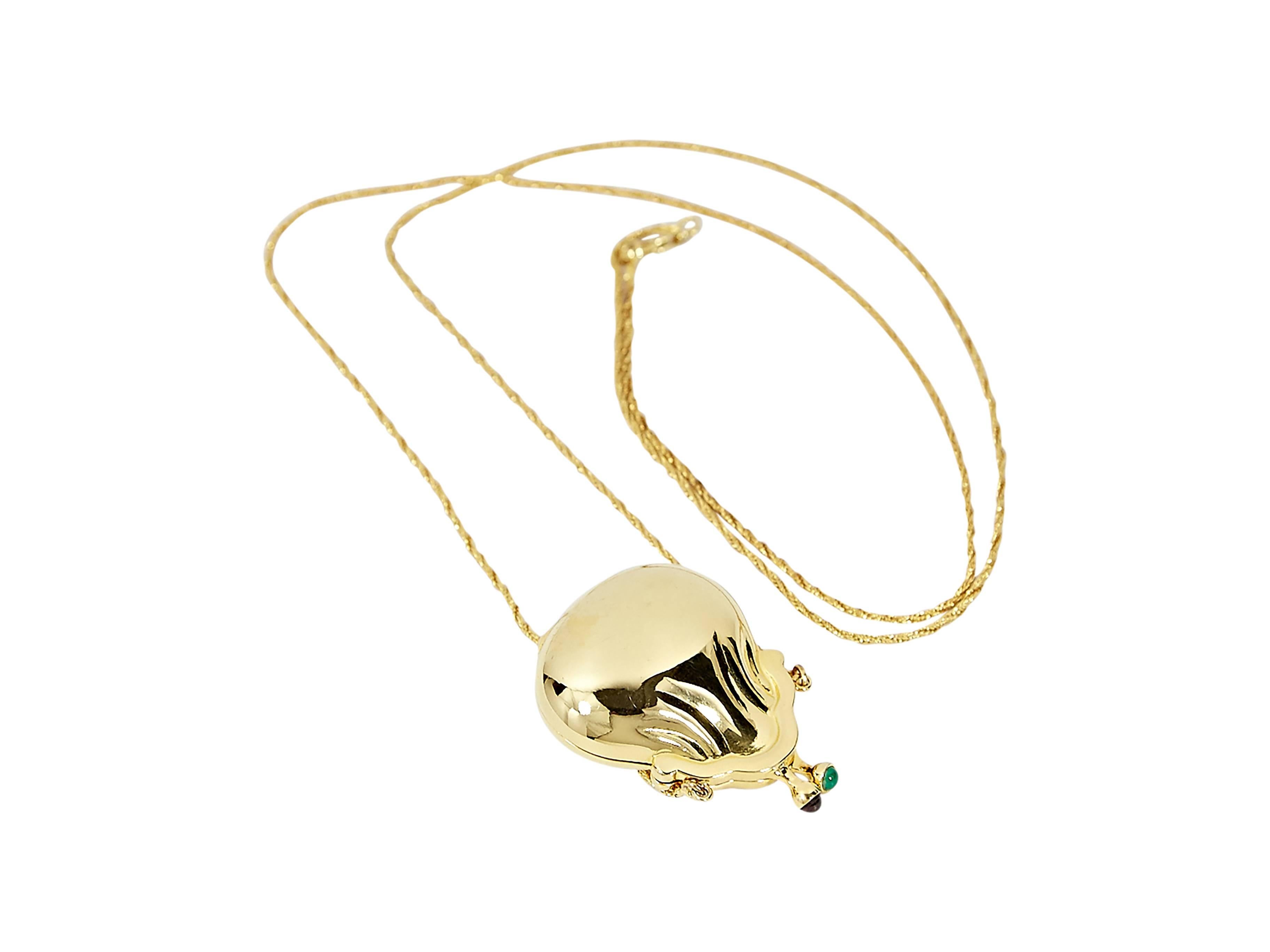 Goldtone purse charm necklace by Judith Leiber.  Twist-lock purse charm.  Clasp closure.