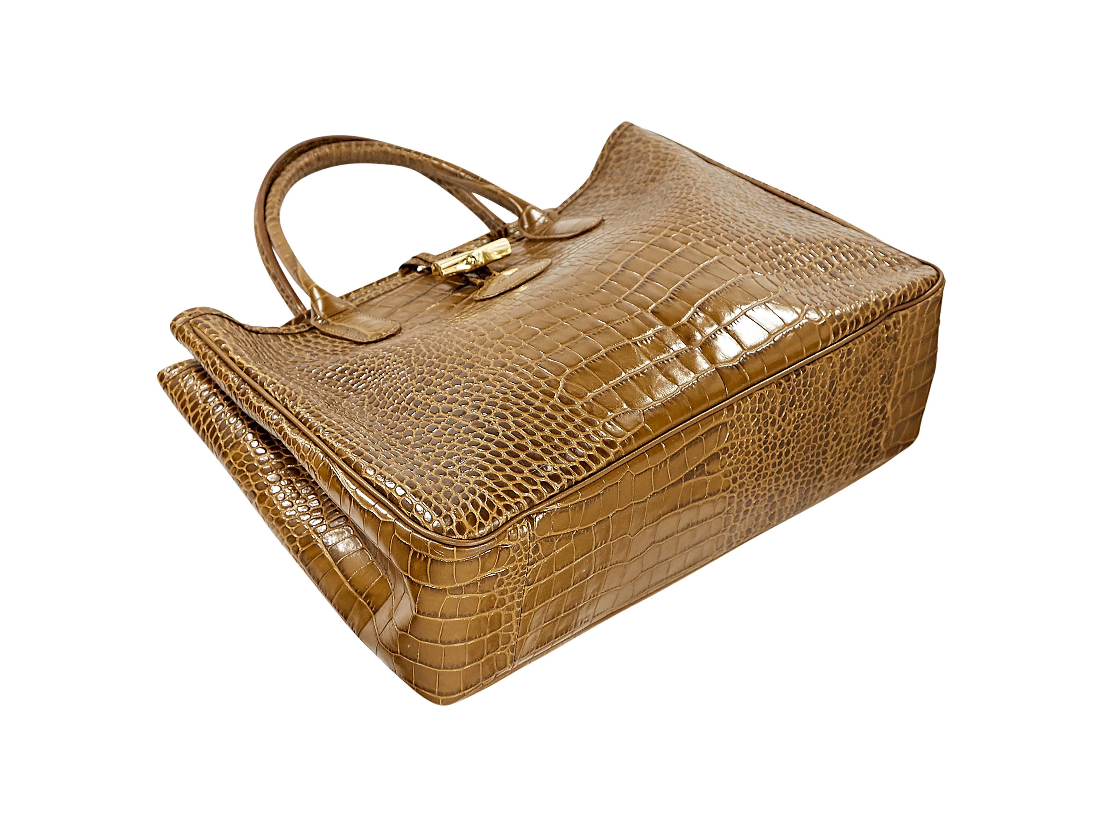 Olive crocodile-embossed leather tote bag by Longchamp.  Top carry handles.  Top toggle closure.  Flat bottom. 