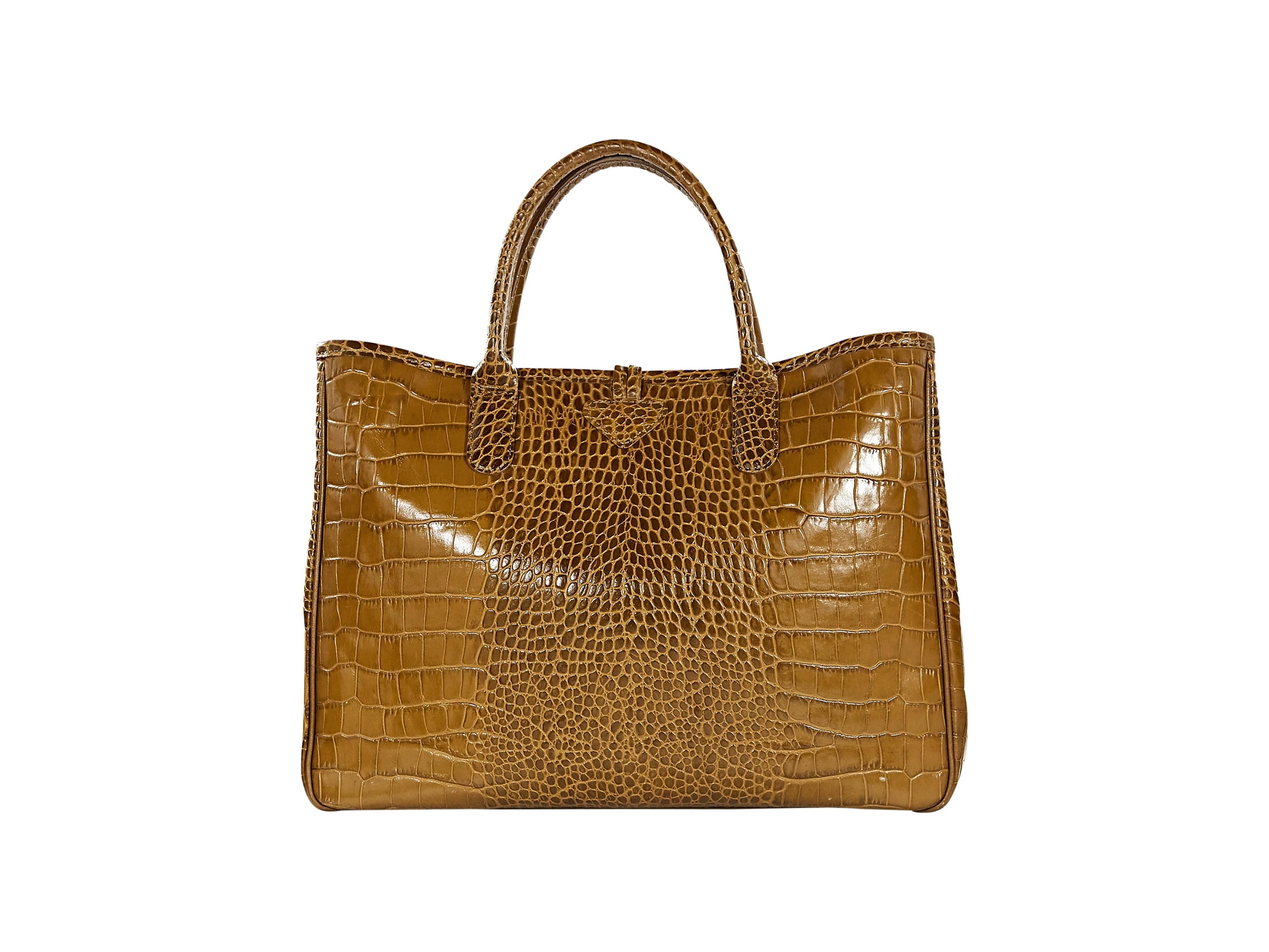 Brown Olive Longchamp Crocodile-Embossed Tote Bag