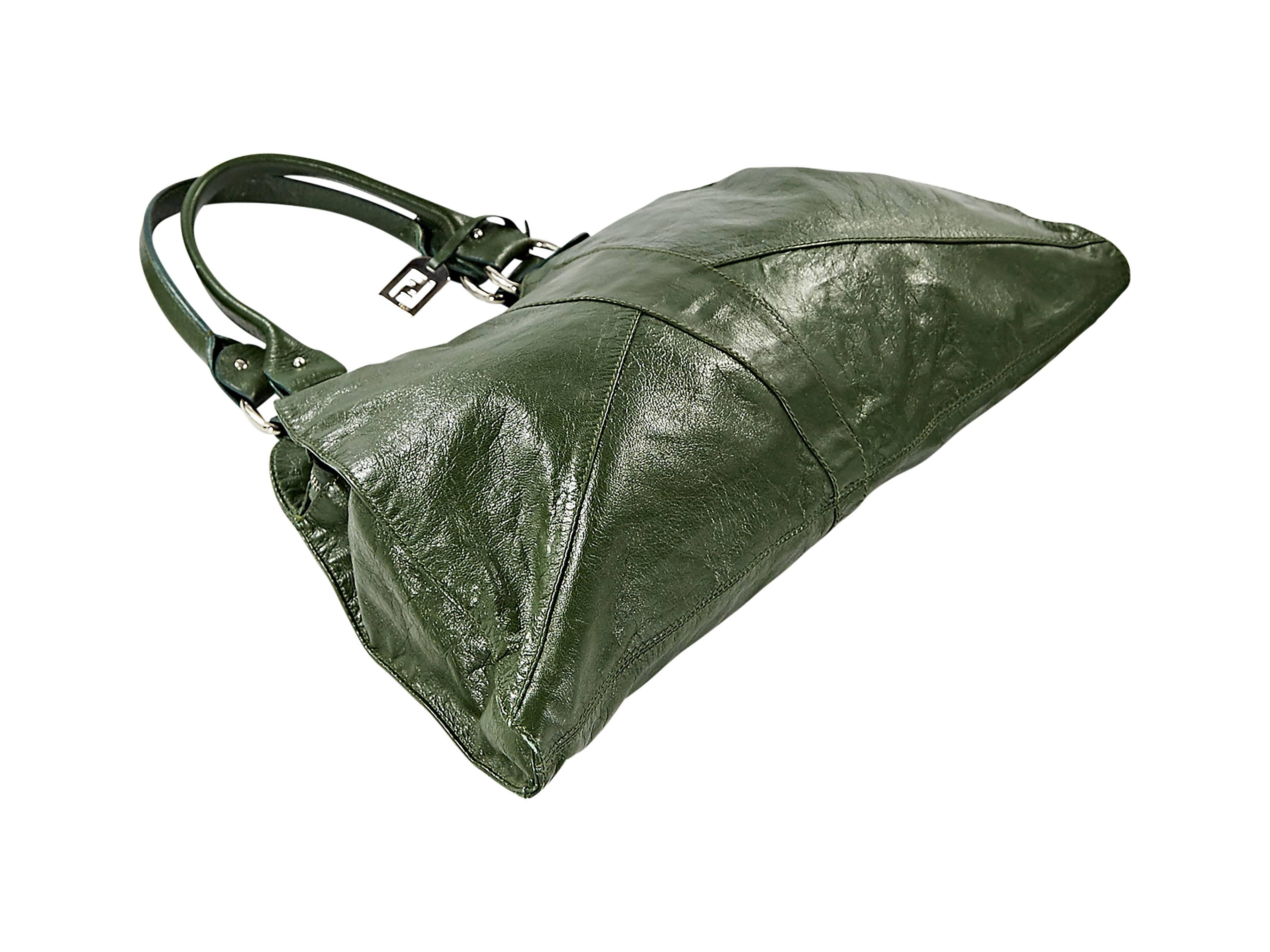 Green leather Diavolo Trapezio bag by Fendi.  Double shoulder strap.  Top zip closure.  Lined interior with zip-close pocket.  Silvertone hardware.  19