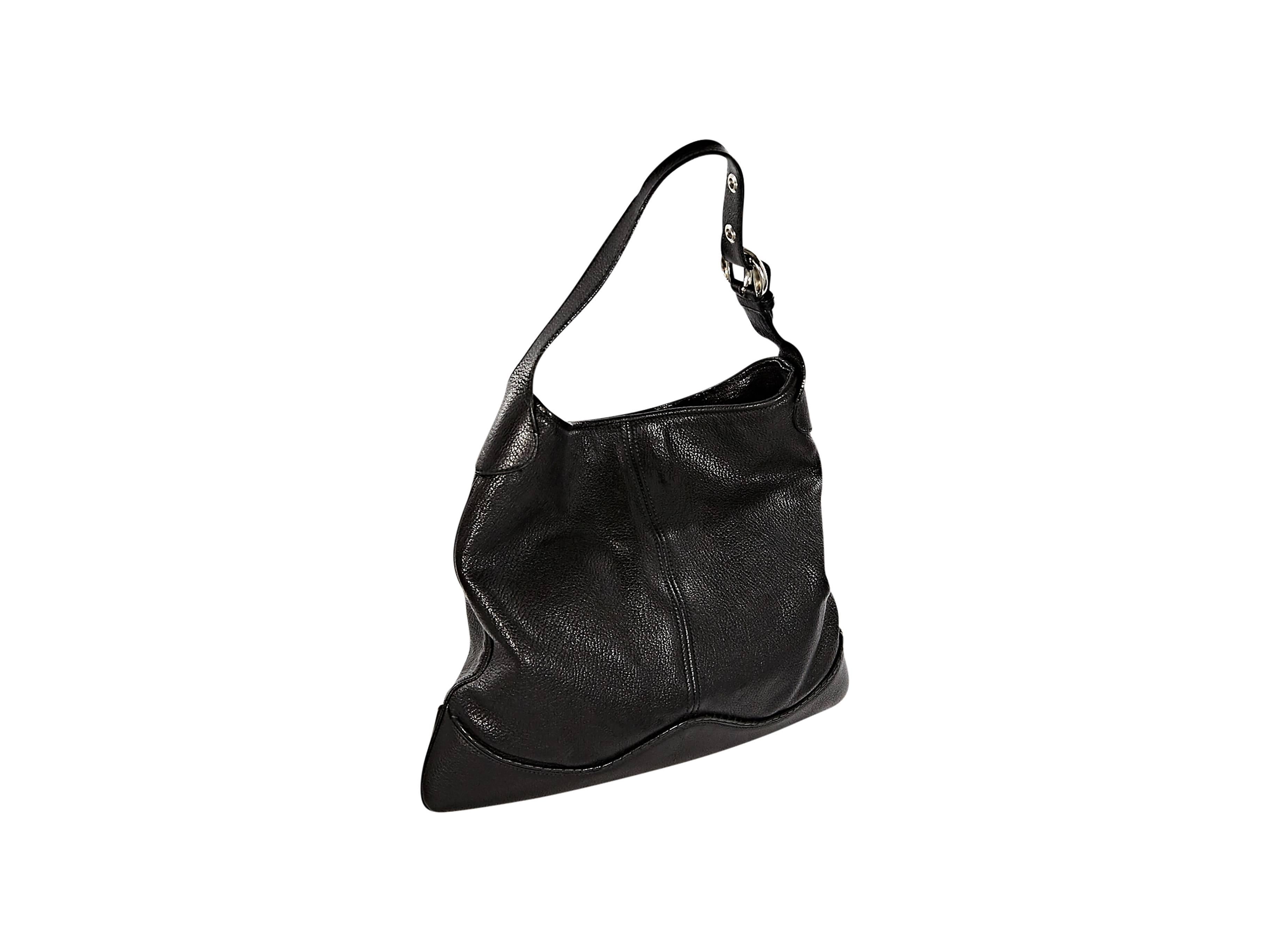 Black leather hobo bag by Alexander McQueen.  Single shoulder strap.  Twist-lock closure.  Lined interior with inner zip pocket.  Silvertone hardware. 10