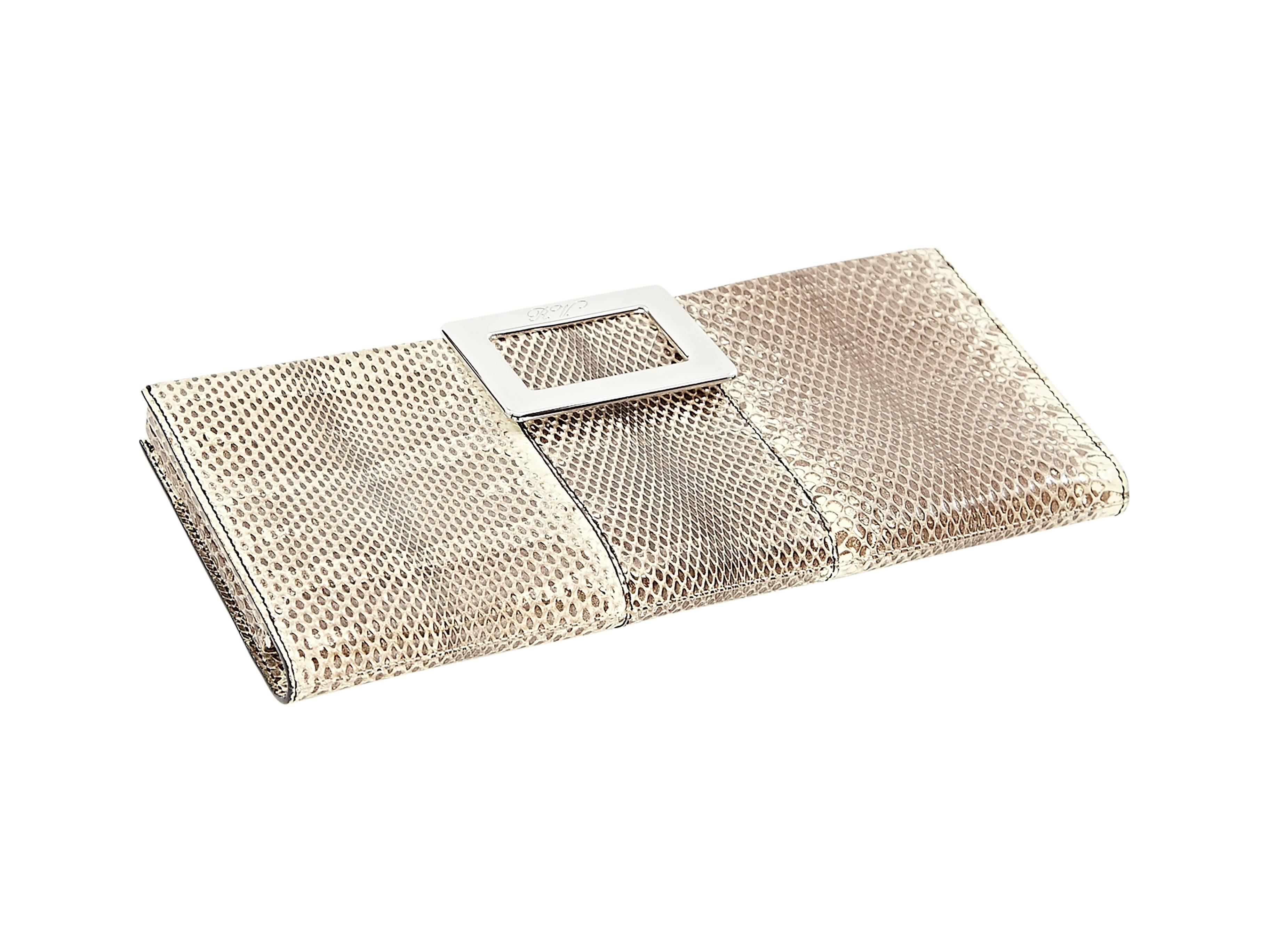 Beige and brown snakeskin clutch by Roger Vivier.  Flip buckle closure.  Leather lined interior.  Silvertone hardware. 11