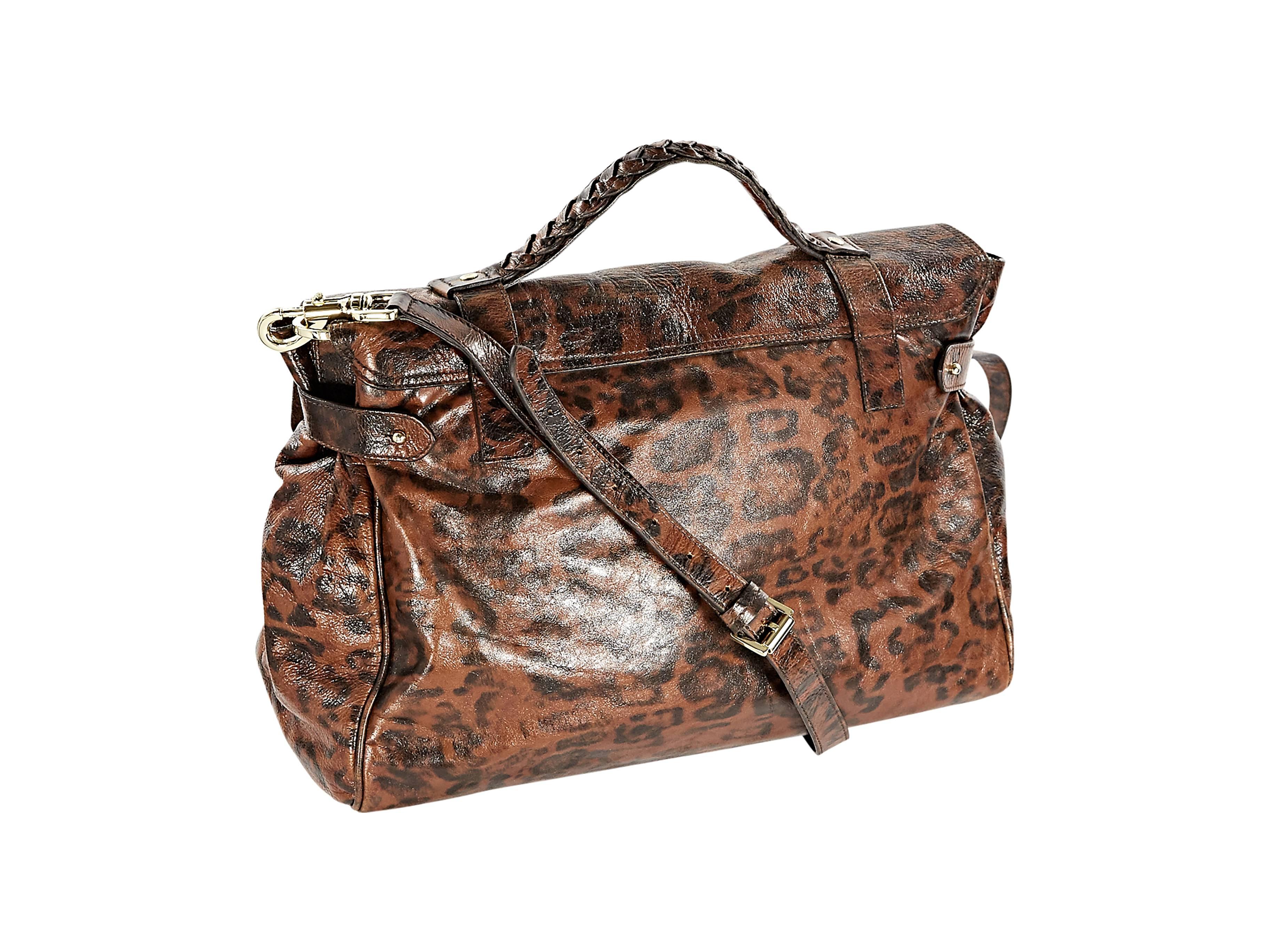 Leopard-print leather Alexa satchel by Mulberry.  Top carry handle.  Detachable, adjustable crossbody strap.  Twist-lock closure.  Front flap with double magnetic-snap closure.  Lined interior with inner pockets.  Goldtone hardware.  3