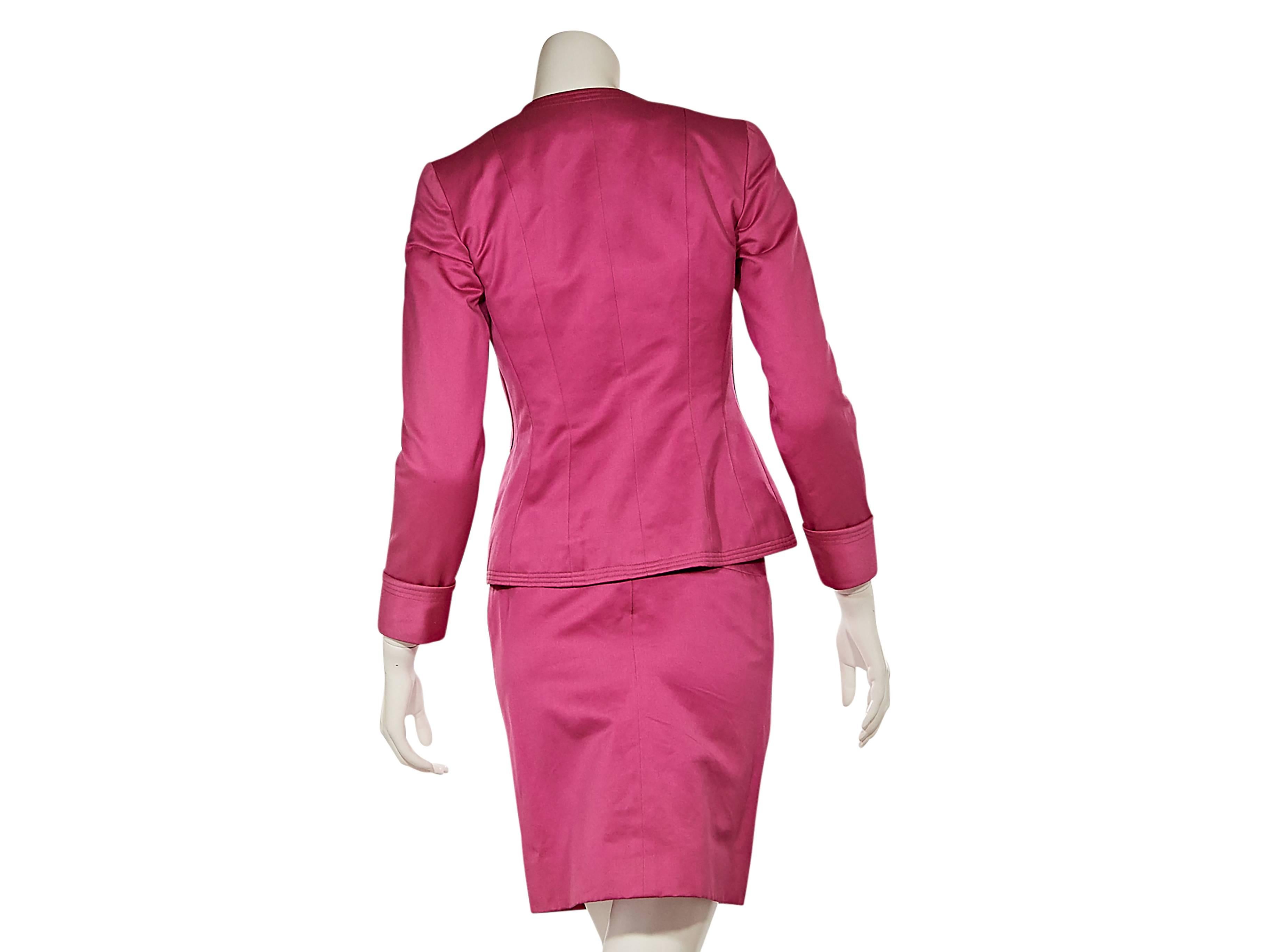 Product details:  Hot pink cotton skirt suit set by Chanel.  Lapel-less jacket.  Open front.  Tow front patch pockets.  Matching pencil skirt.  Banded waist.   
Condition: Excellent.  