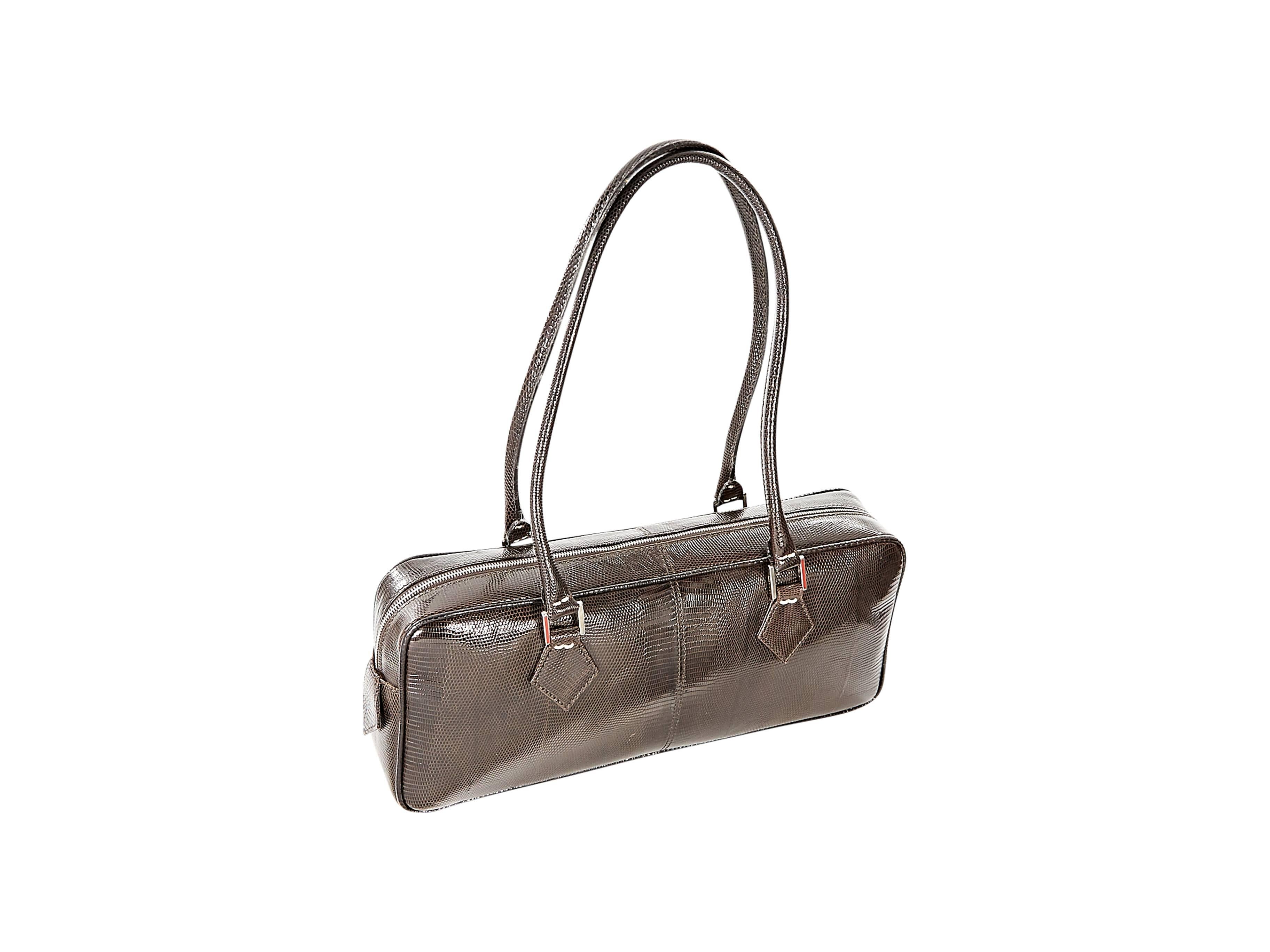 Product details:  Brown lizard shoulder bag by Valentino.  Dual shoulder straps.  Top zip closure.  Lined interior with slide pocket.  11.25