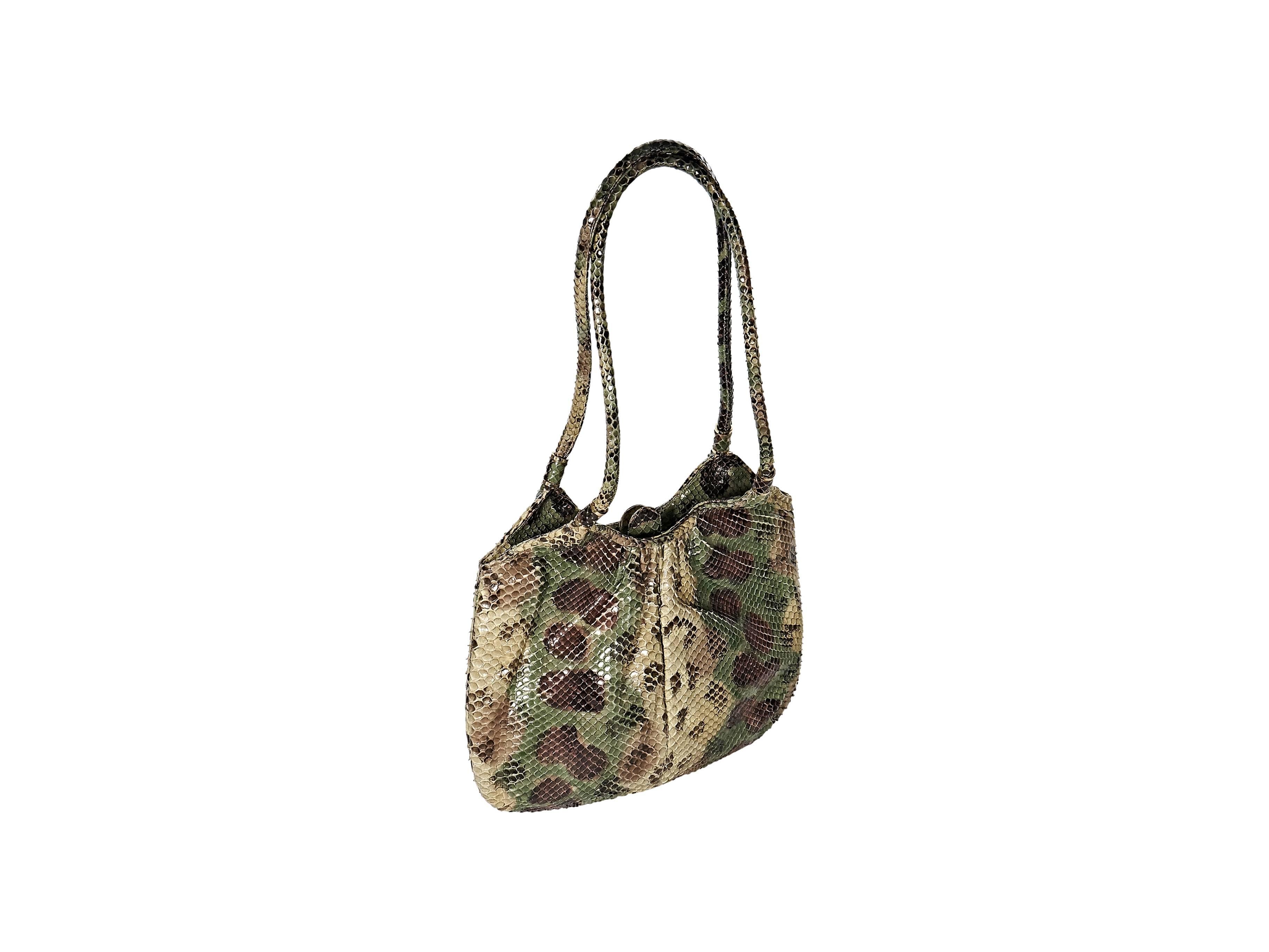 Product details: Green, tan and brown exotic python shoulder bag by Judith Leiber. Dual shoulder straps. Lined interior with inner slide pockets. Dust bag included. 10