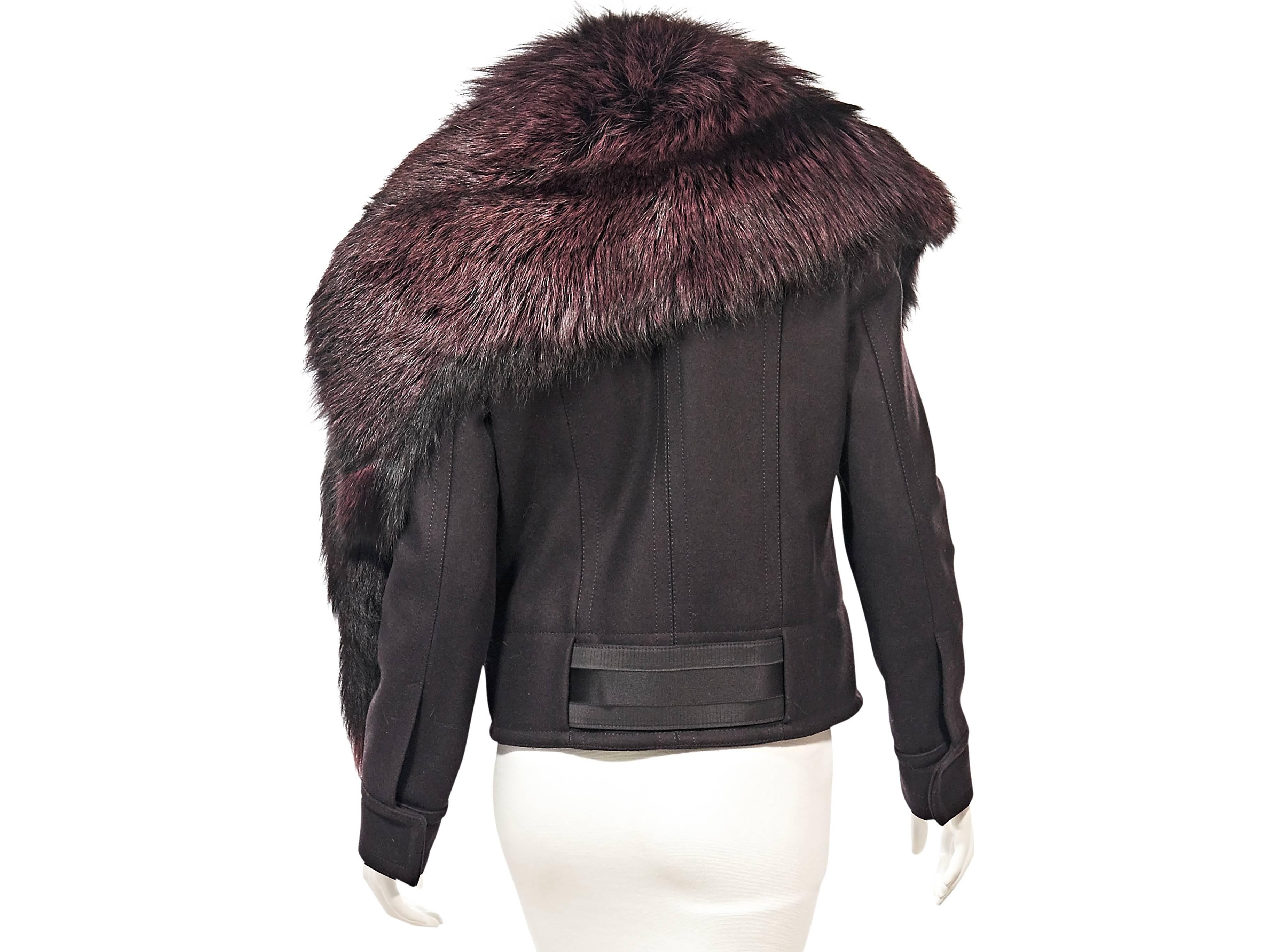 Product details:  ﻿Dark purple jacket with detachable fox fur trim by Gucci.  From the Tom Ford era.  Shawl collar.  Long sleeves.  Concealed front closure.  Front slide pockets.  
Condition: Excellent. 
Retails: $13,485