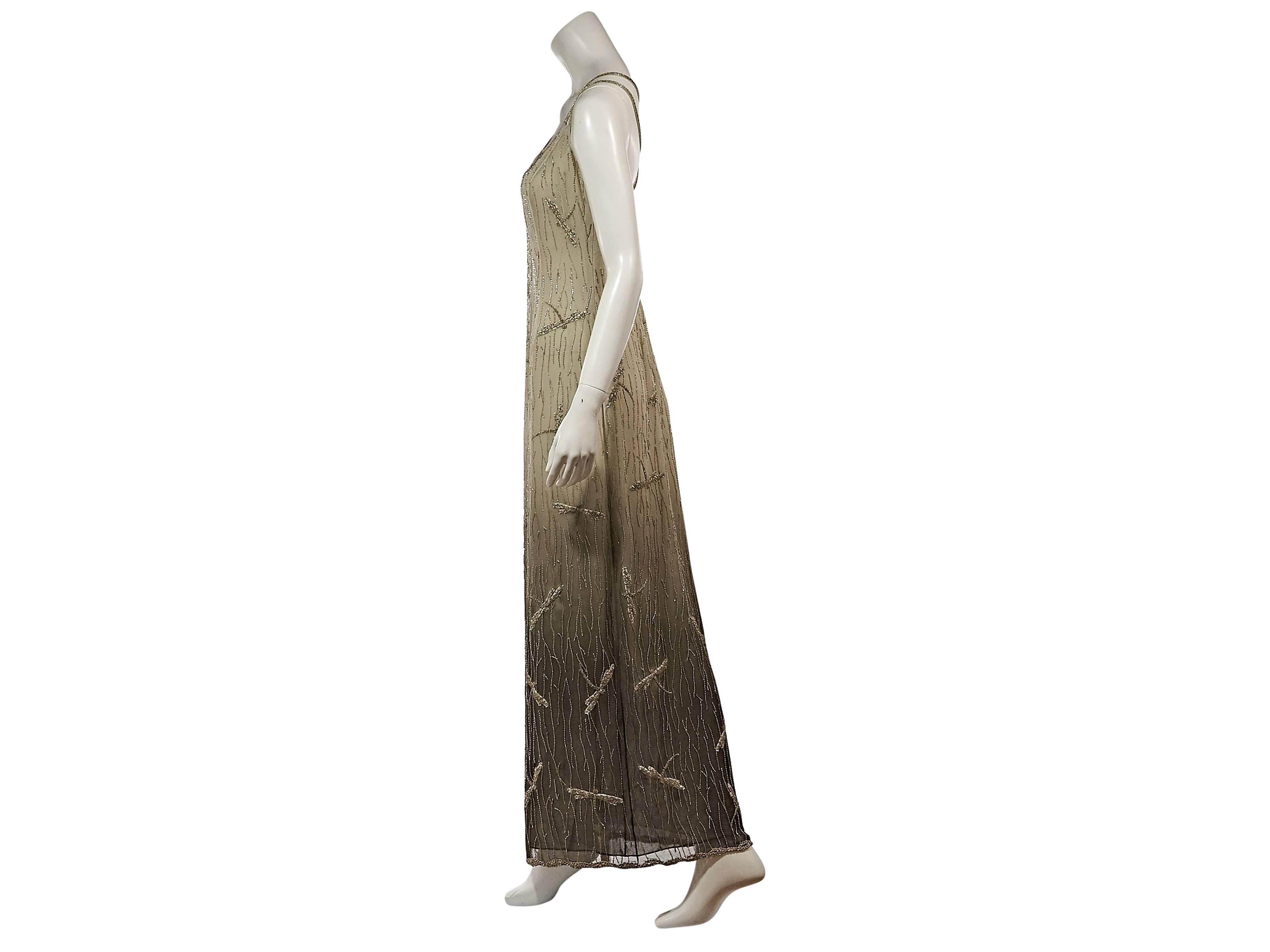 Product details:  ﻿Grey ombre beaded evening gown by Armani Collezioni.  Features a dragonfly beaded design.  Double spaghetti straps.  Crisscross back straps.  
Condition: Excellent. 