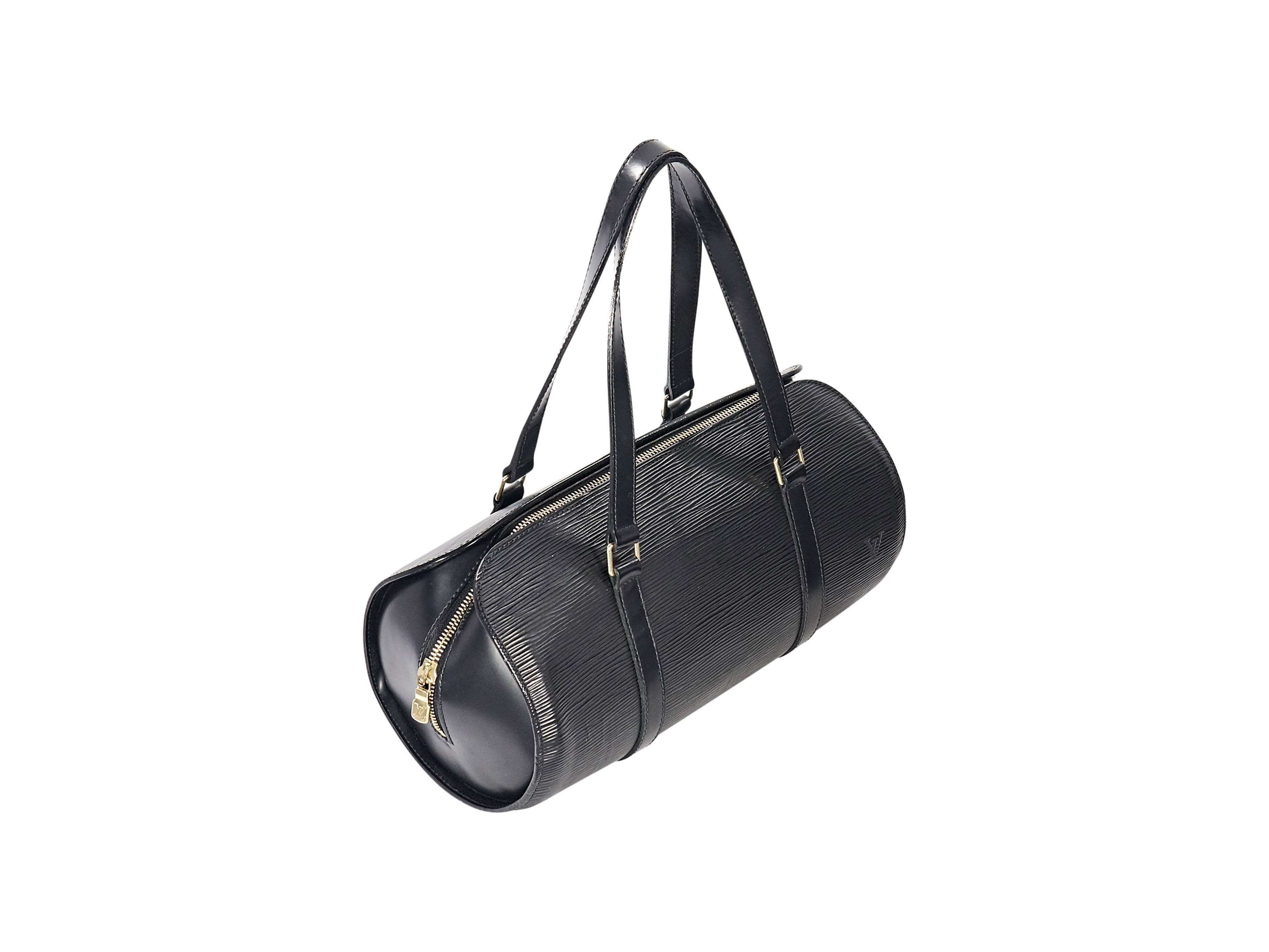 Product details:  Black epi leather Soufflot bag by Louis Vuitton.  Dual shoulder straps.  Top zip closure.  Lined interior with inner slide pocket and attached mini zip pouch.  Goldtone hardware.  12