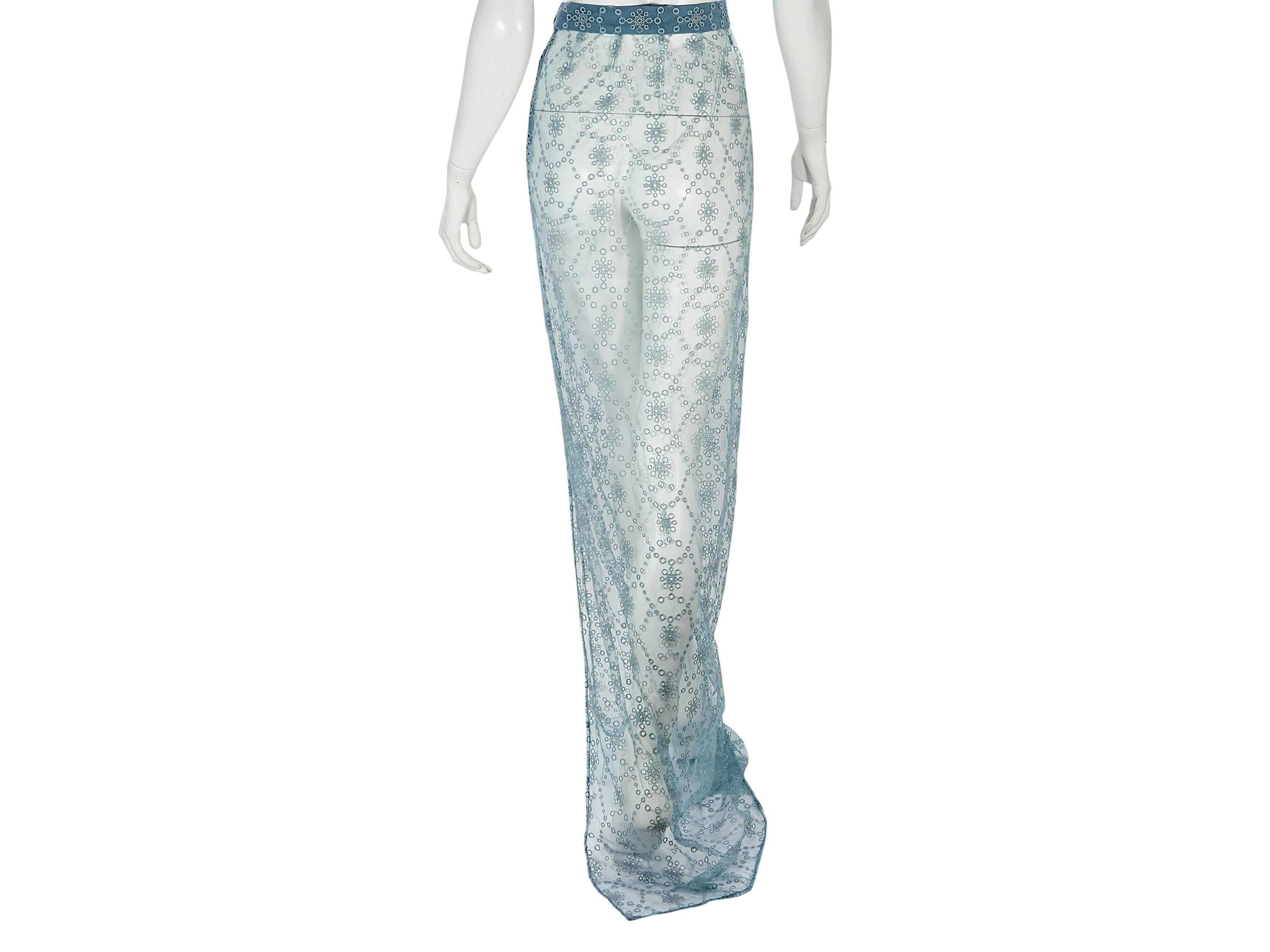 Product details:  Teal sheer eyelet maxi skirt by Burberry Prorsum.  Banded waist.  Concealed side zip closure.  High side slit. 
Condition: Very good. 
Est. Retail $ 1,225.00