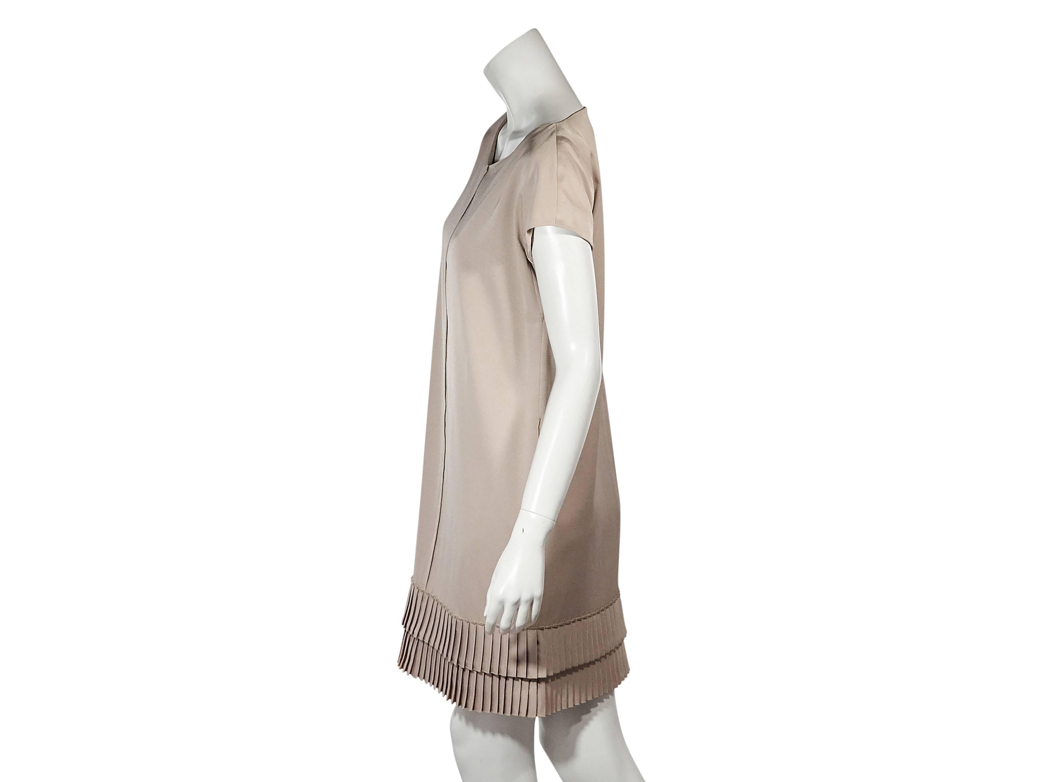 Product details: Tan shift dress by Marc Jacobs. Wide scoopneck. Short dolman sleeves. Pleated tiered hem. Pullover style. 
Condition: Very good. 
Est. Retail $ 670.00