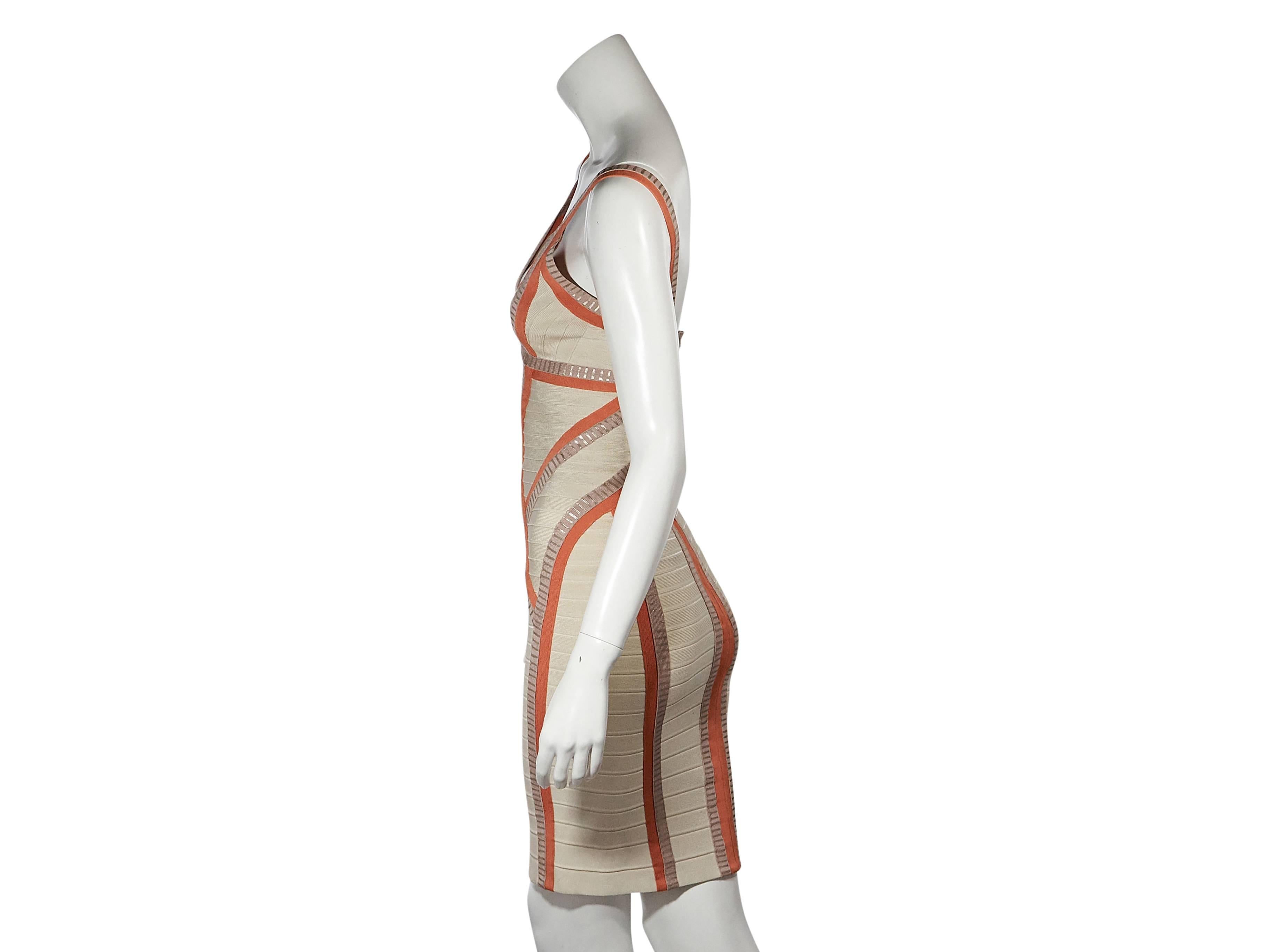 Product details: Tan and orange bandage dress by Herve Leger. Formfitting silhouette. Deep v-neck. Sleeveless. Concealed back zip closure. 
Condition: Very good. 
Est. Retail $ 1,350.00

