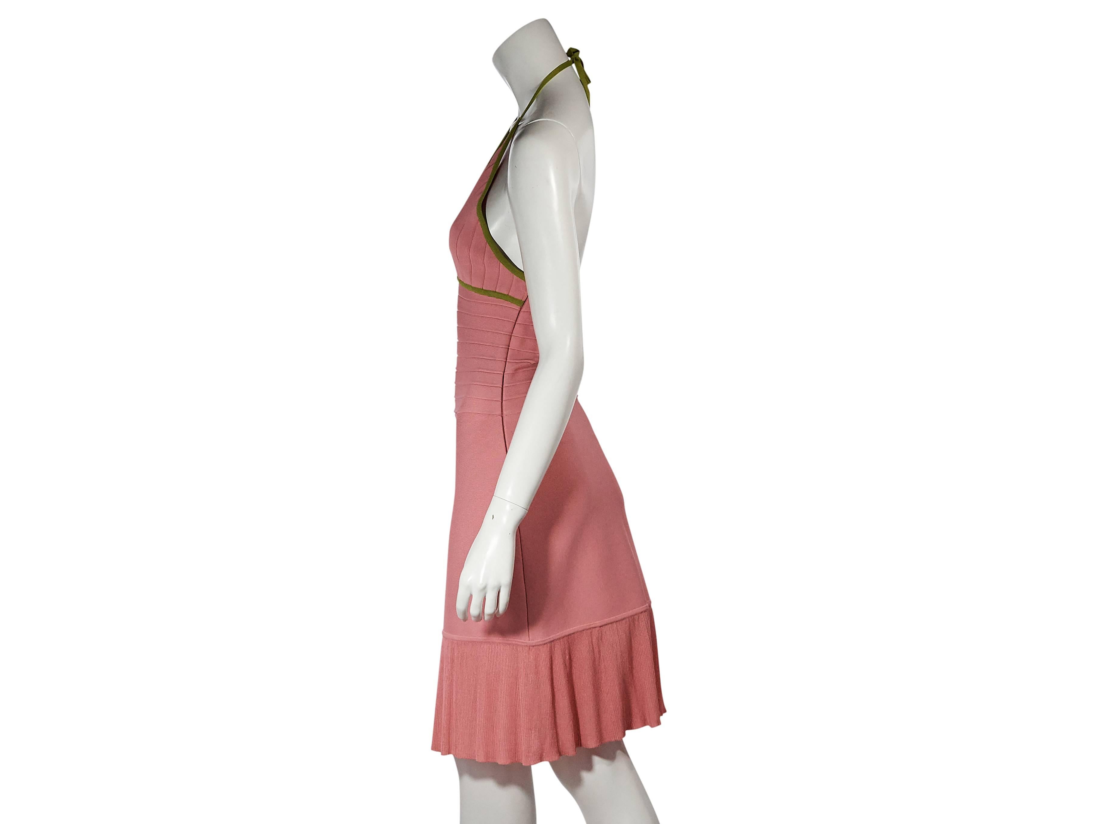 Product details: Pink and green bandage dress by Herve Leger. Self-tie halterneck. Sleeveless. Concealed side zip closure. Ribbed skirt hem. 
Condition: Very good.
Est. Retail $ 820.00