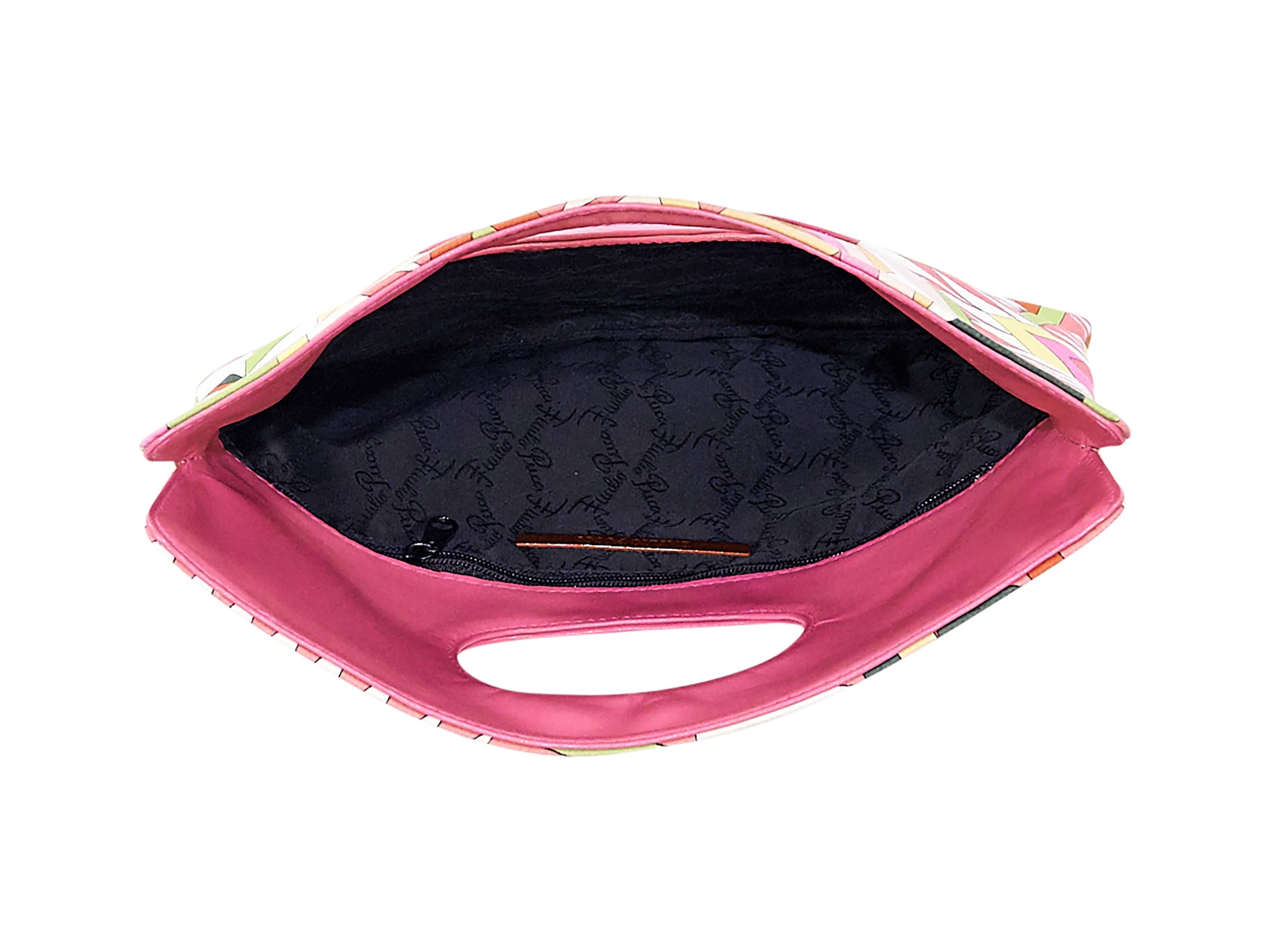 Product details:  Multicolor signature printed clutch by Emilio Pucci.  Foldover top with cutout handle.  Lined interior with inner zip pocket.  9.75"L x 10.75"H x 0.5"D.
Condition: Very good. 
Est. Retail $ 398.00