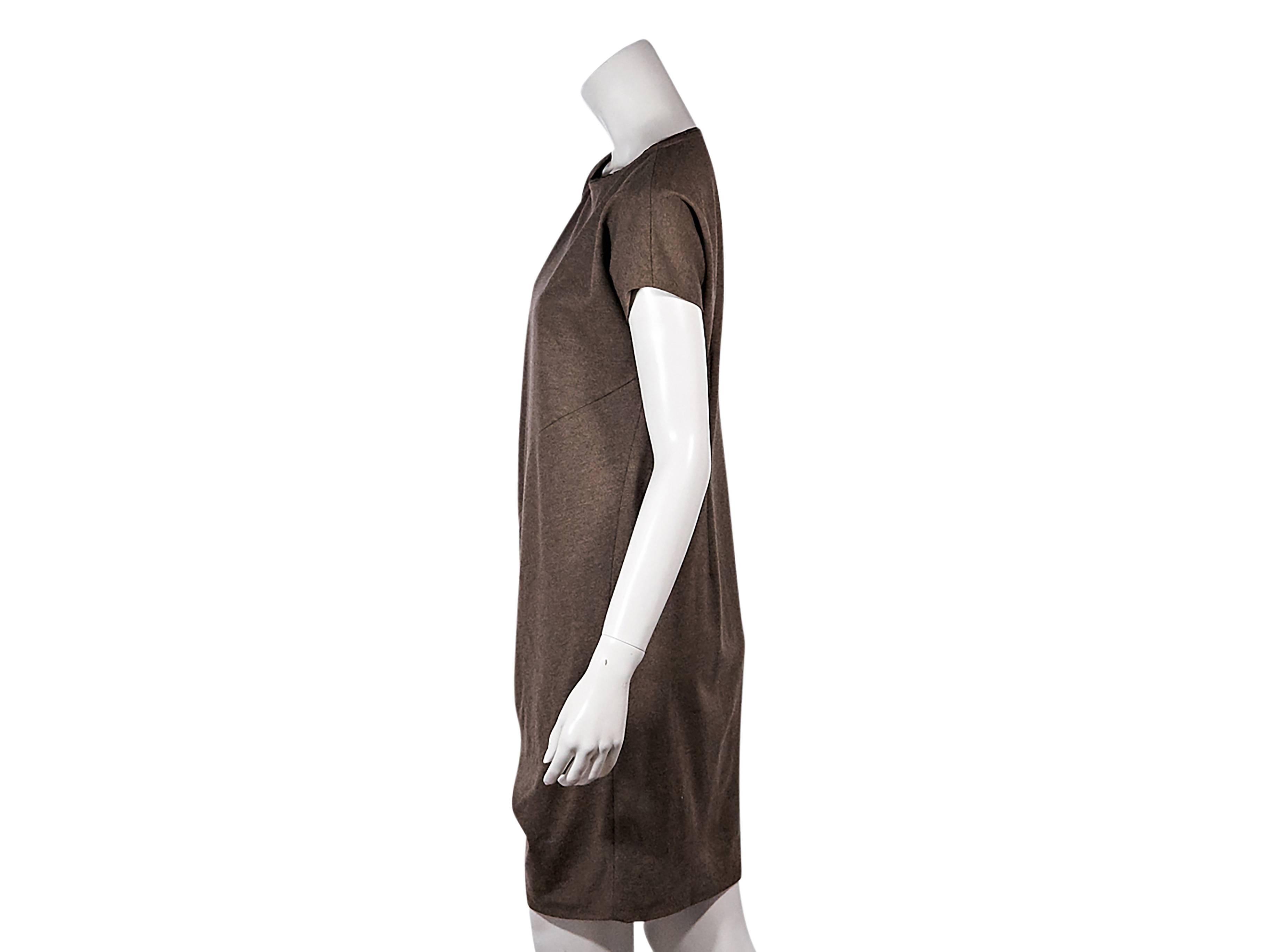 Product details:  Tan silk-blend t-shirt dress by Brunello Cucinelli.  Jewelneck.  Short sleeves.  Asymmetrical draping.  Pullover style.  
Condition: Very good.
Est. Retail $ 898.00