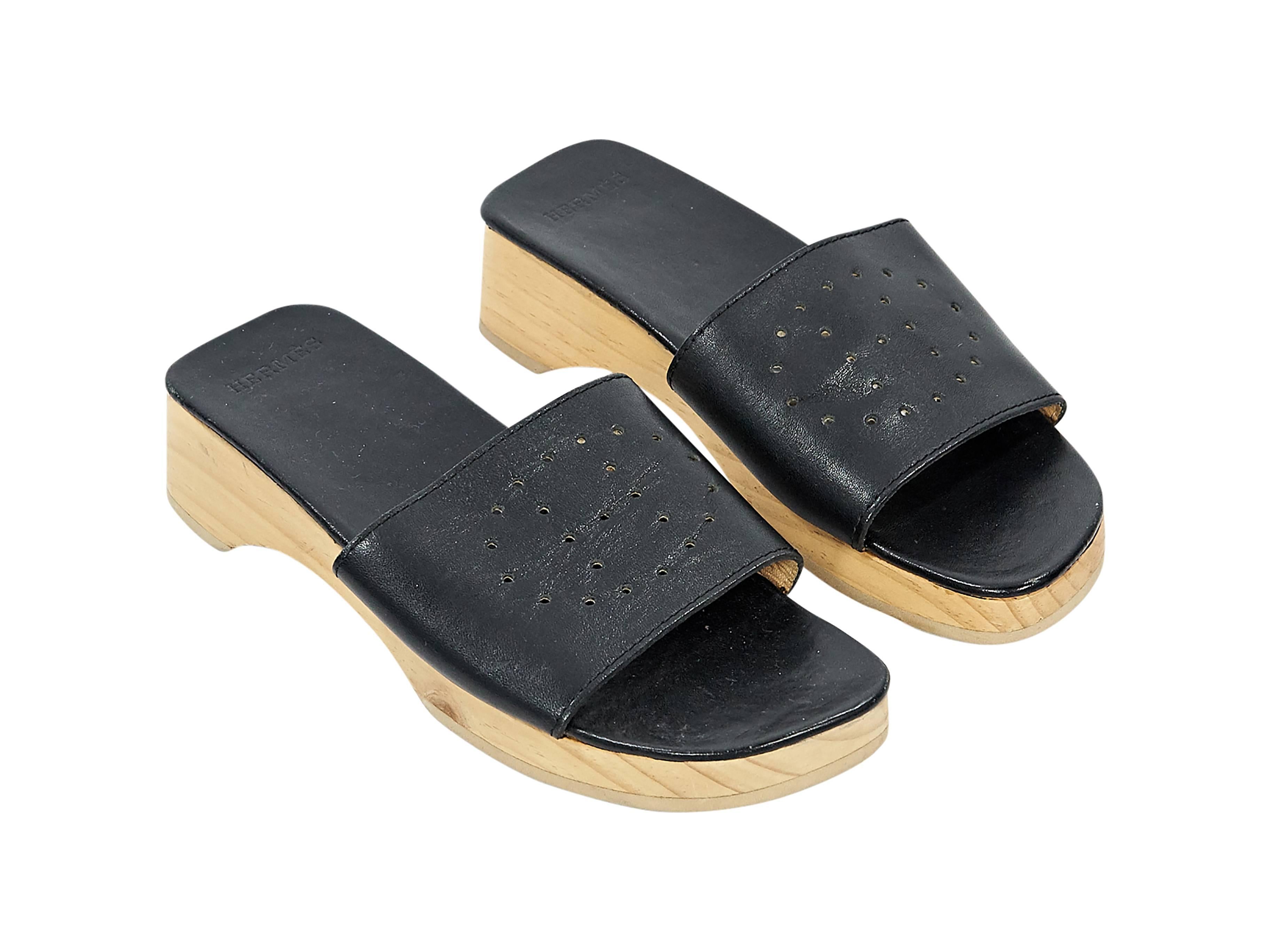 Beige Black Hermès Leather Slide Sandals