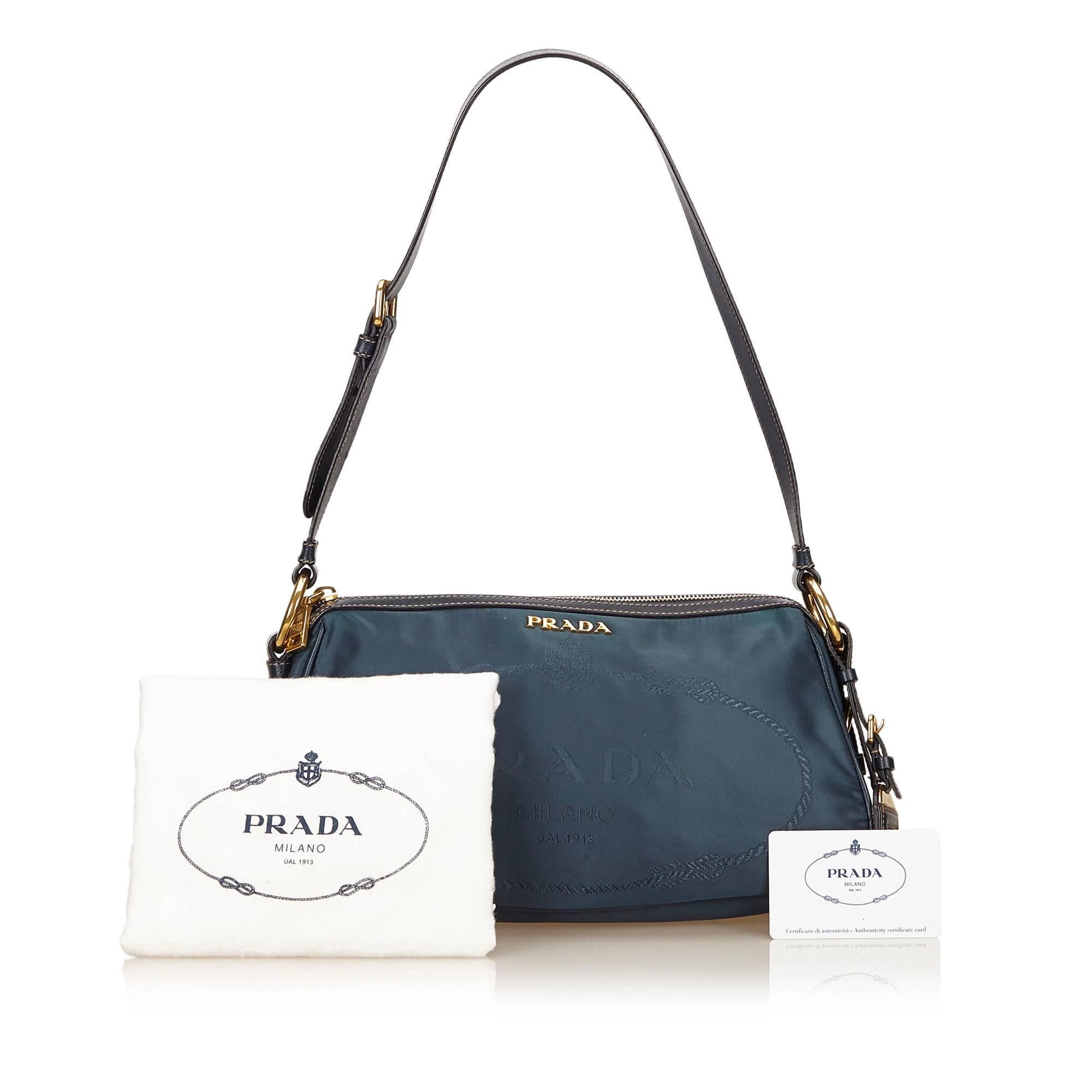 Blue Prada Nylon & Leather Shoulder Bag In Excellent Condition In New York, NY