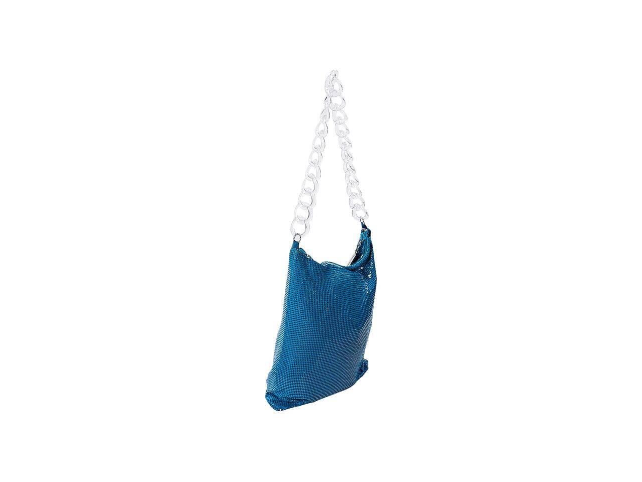 Product details:  Blue mesh shoulder bag by Whiting & Davis.  Clear chain shoulder strap.  Top zip closure.  Lined interior with inner slide pockets.  Silvertone hardware.  9.5
