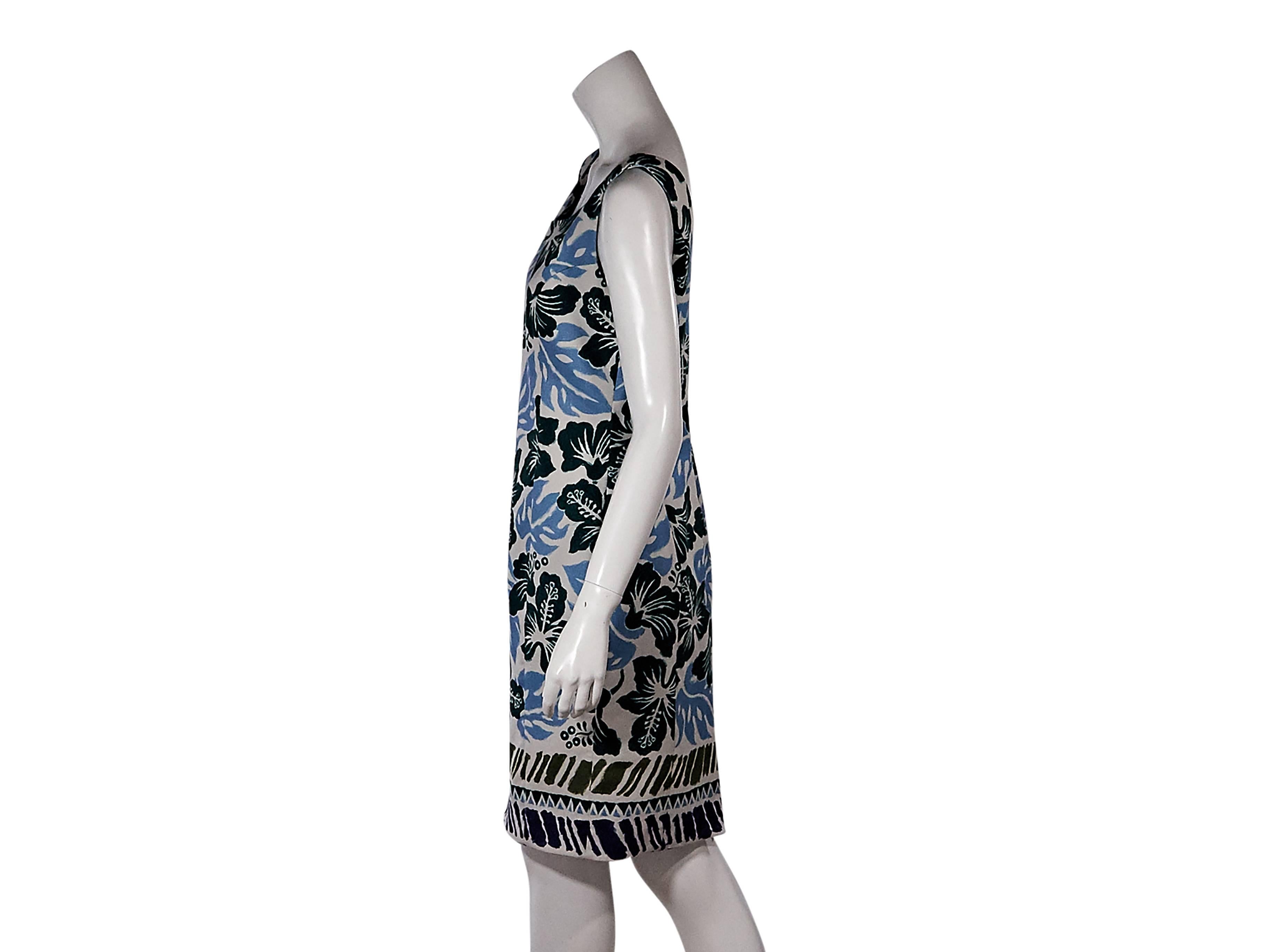 Product details:  Multicolor tropical-printed sheath dress by Prada.  Scoopneck.  Sleeveless.  Princess seams create a flattering silhouette.  Scoopback.  Concealed back zip closure.  Back center hem vent. Size 10
Condition: Pre-owned. Very