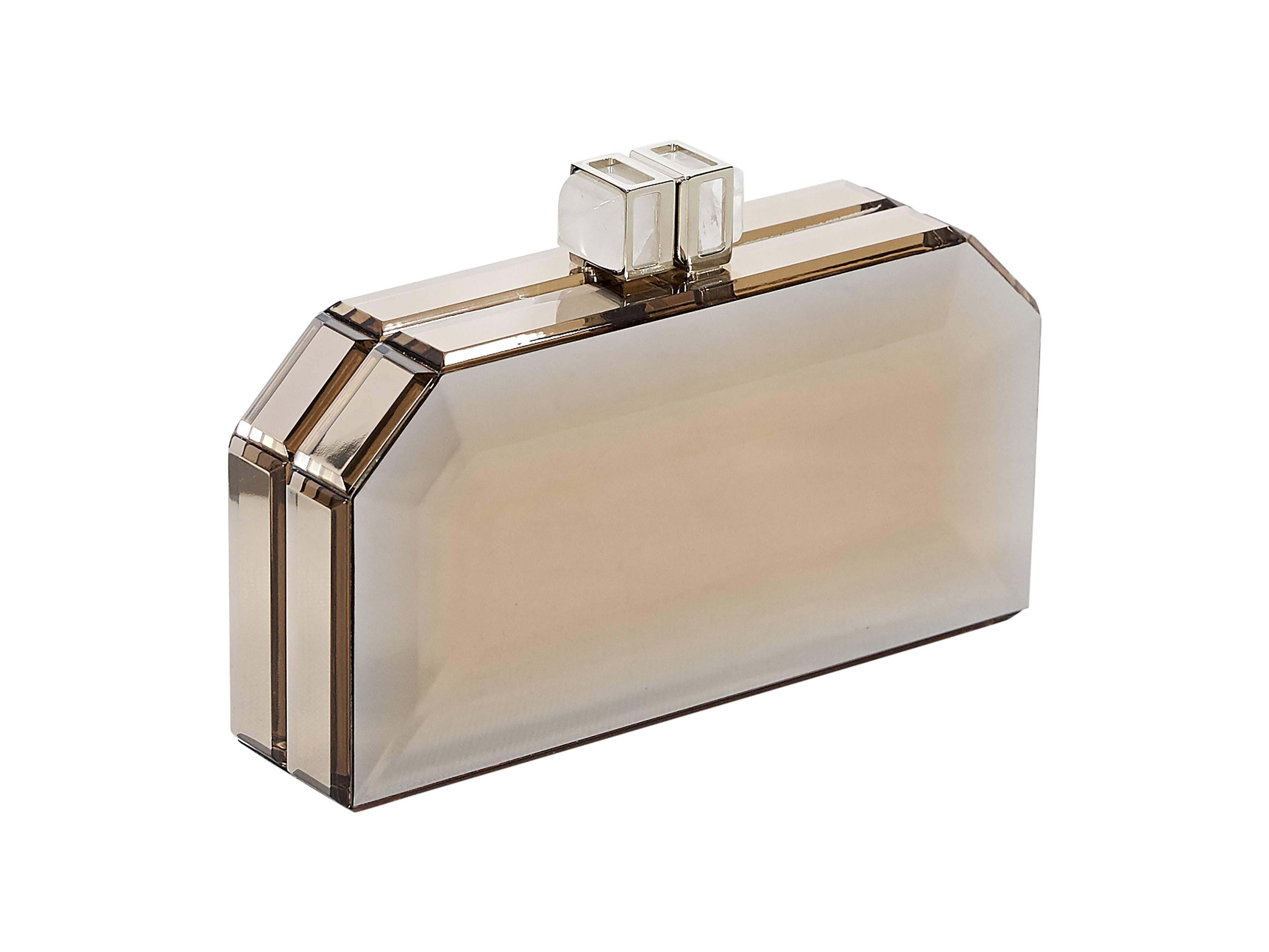 Product details:  Goldtone box clutch by Judith Leiber.  From the SS17 collection.  Top push-lock closure.  Lined interior.   Faceted crystal sides.  4.3
