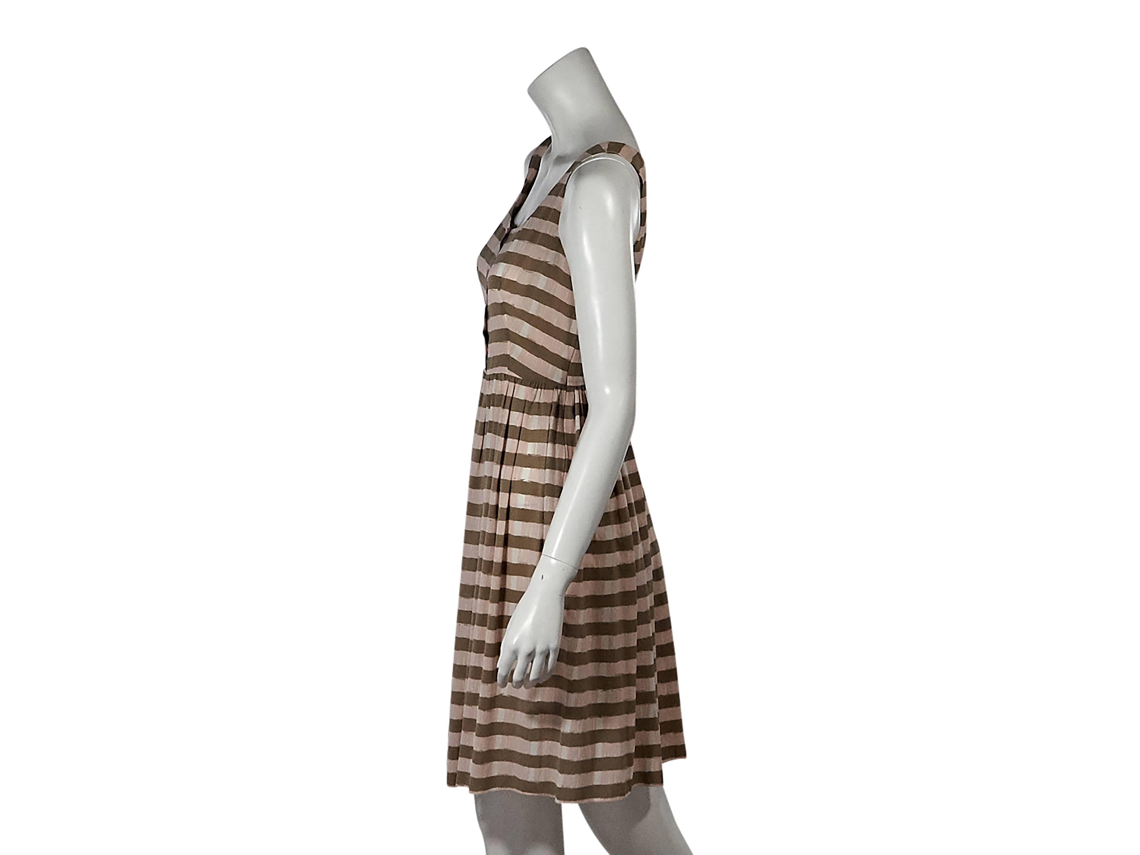Product details:  Pink and brown striped dress by Prada.  Scoopneck.  Sleeveless.  Button-front placket.  Concealed side zip closure. Size 2    
Condition: Pre-owned. Very good.

Est. Retail $ 798.00
