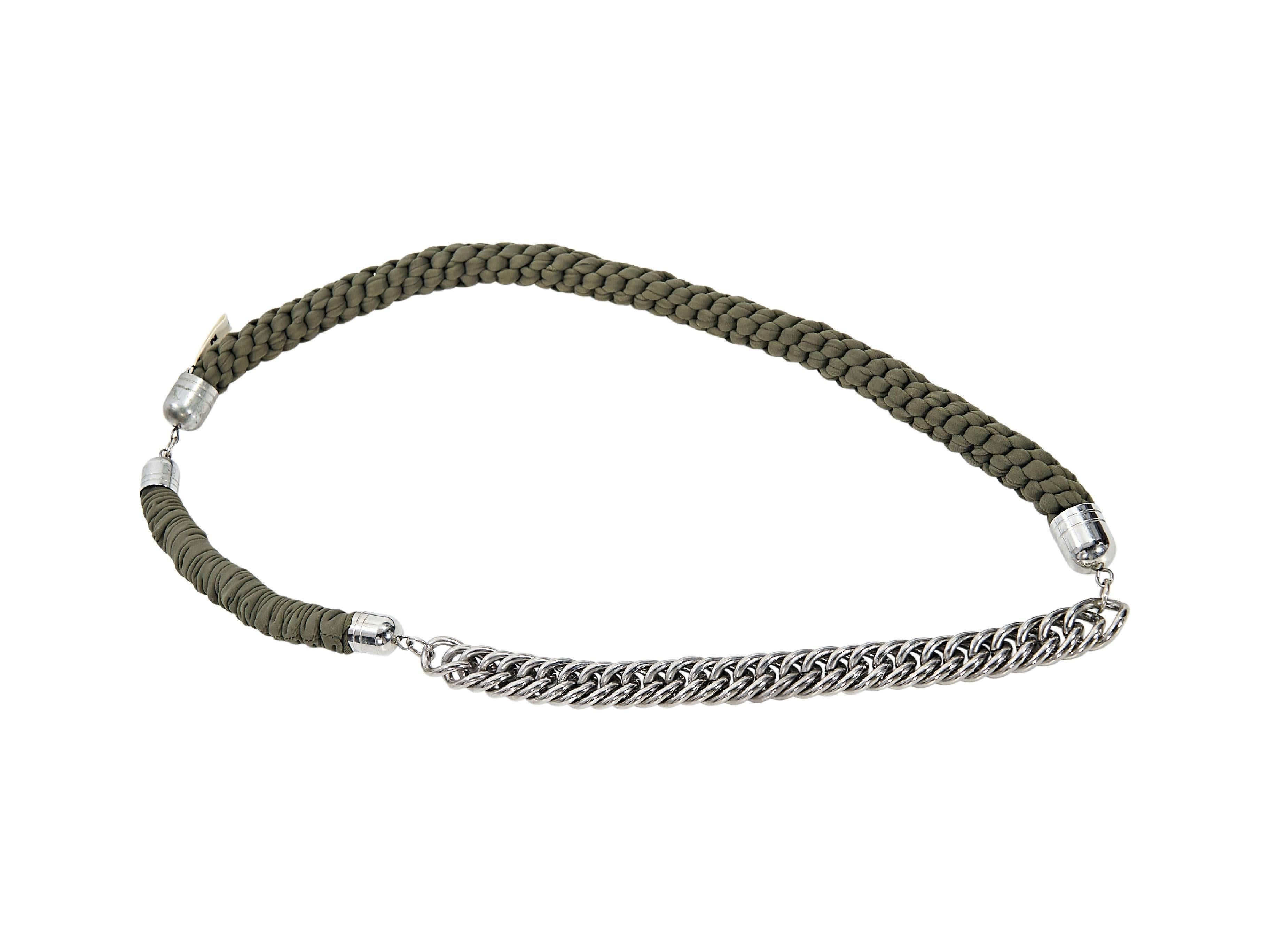 Product details:  Olive green woven and chain necklace by Marni.  Single strand design.  Pullover style.  Silvertone hardware.  31