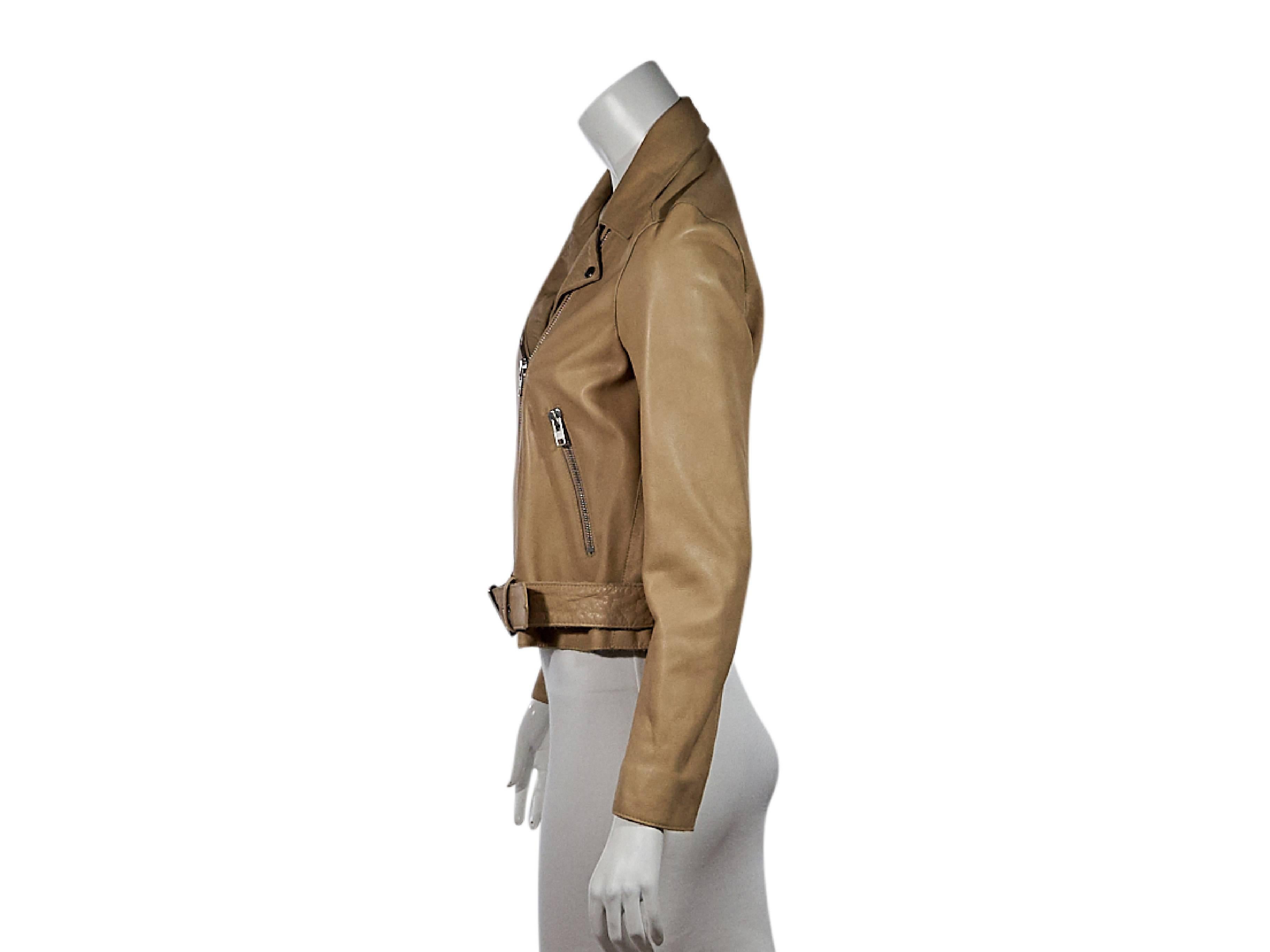 Product details:  Tan leather moto jacket by Sandro.  Notched lapel.  Long sleeves.  Asymmetrical zip closure.  Waist zip and snap flap pockets.  Adjustable belted hem.  Silvertone hardware. Size M
Condition: Pre-owned. Very good.

Est. Retail $