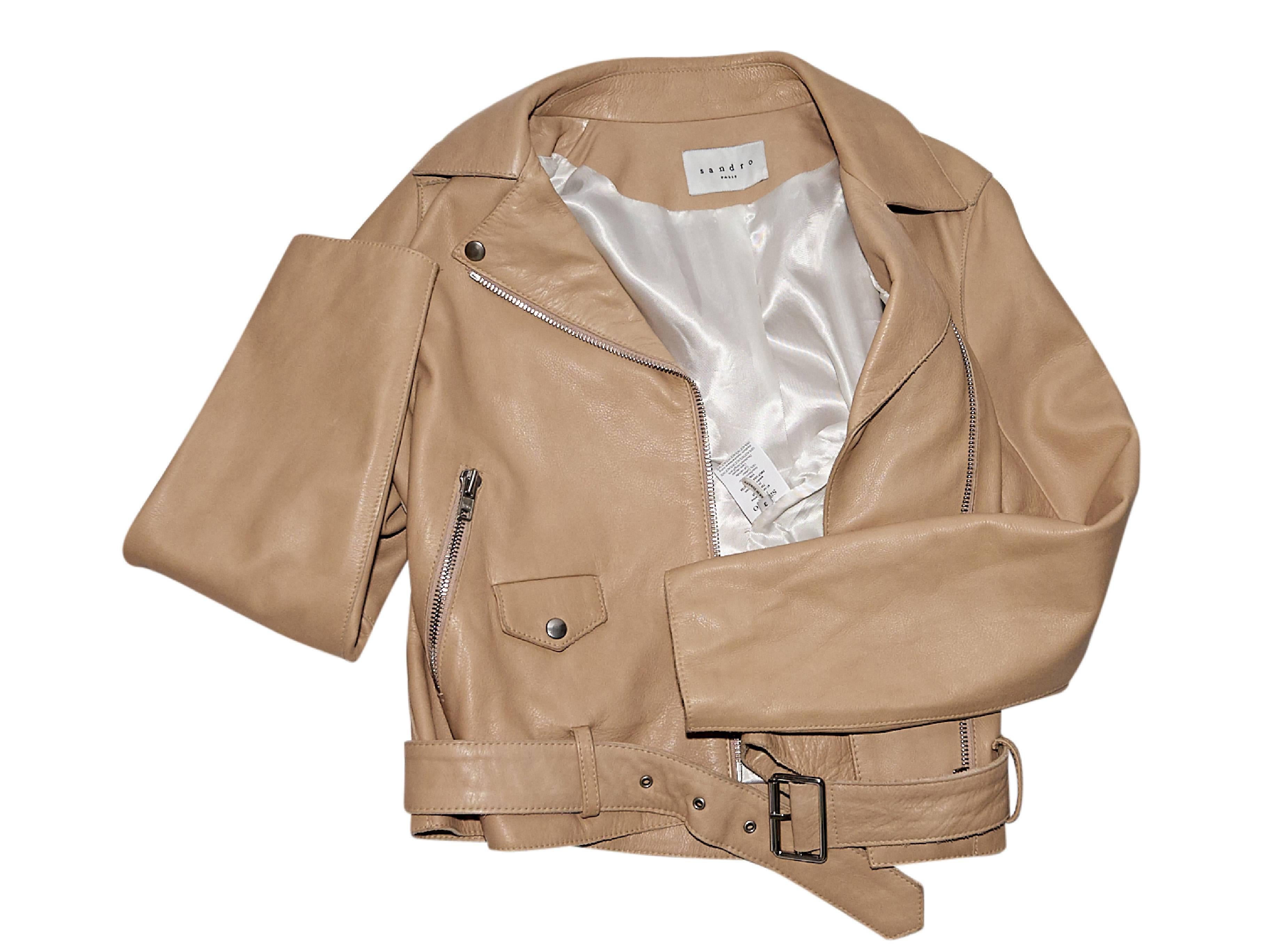 Tan Sandro Leather Moto Jacket In Excellent Condition In New York, NY