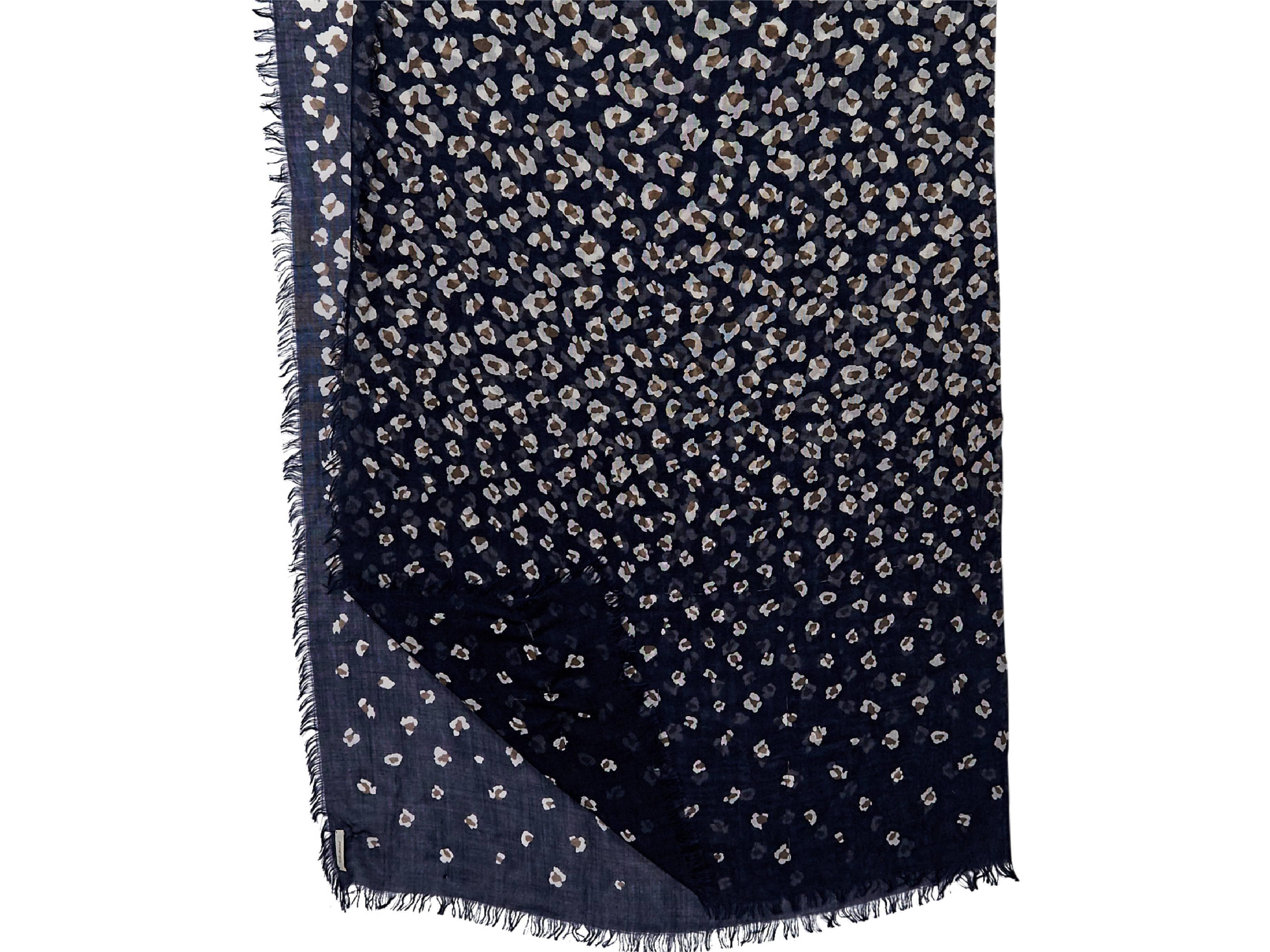Product details:  Navy blue floral-printed scarf by Chopard.  Fringe trim.  72