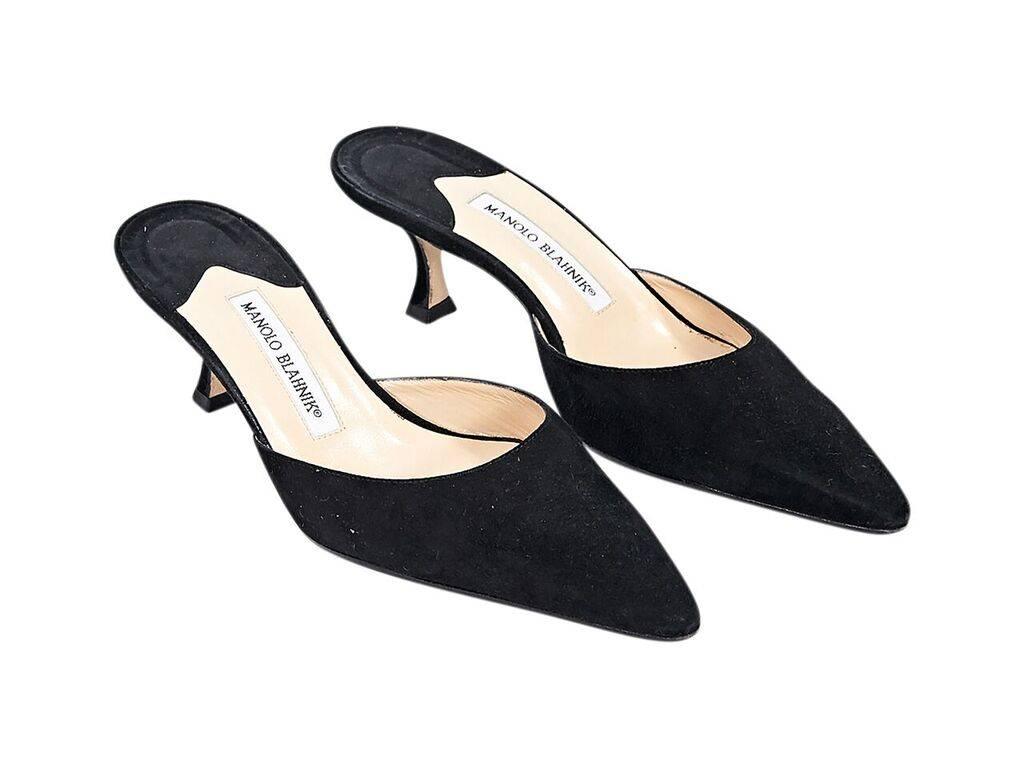 Product details:  Black suede kitten heel mules by Manolo Blahnik.  Point toe.  Slide-on style. 
Condition: Pre-owned. Very good.
Est. Retail $ 378.00