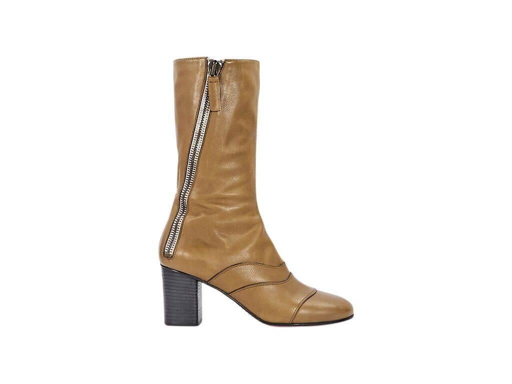 Product details:  Tan leather mid-calf boots by Chloé.  Inner and outer zip closure.  Pieced vamp.  Round toe.  Stacked block heel.
Condition: Pre-owned. Very good.
Est. Retail $ 1,095.00