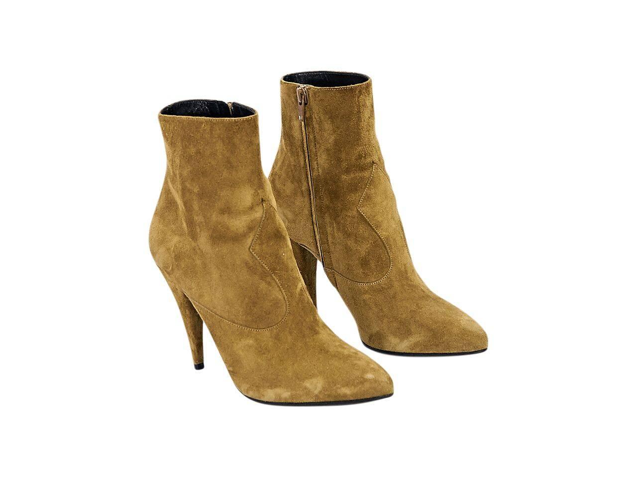 Product details:  Tan suede ankle boots by Saint Laurent.  Western-style design.  Inner zip closure.  Almond toe.  Conical heel.  
Condition: Pre-owned. Very good.
Est. Retail $ 995.00