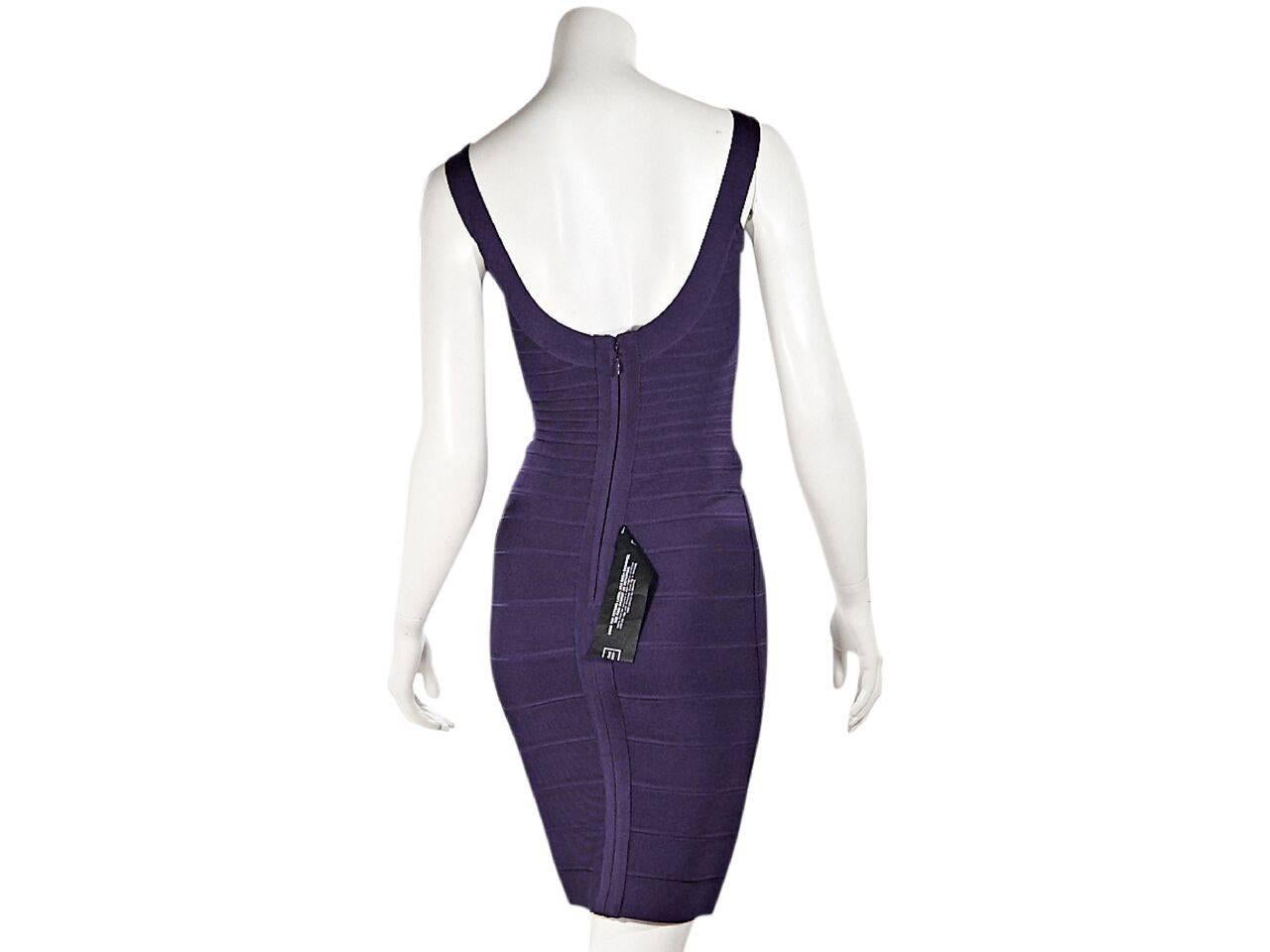 Product details:  Purple bandage mini dress by Herve Leger.  Deep scoopneck and back.  Concealed back zip closure.  
Condition: Pre-owned. New with tags.
Est. Retail $895.00