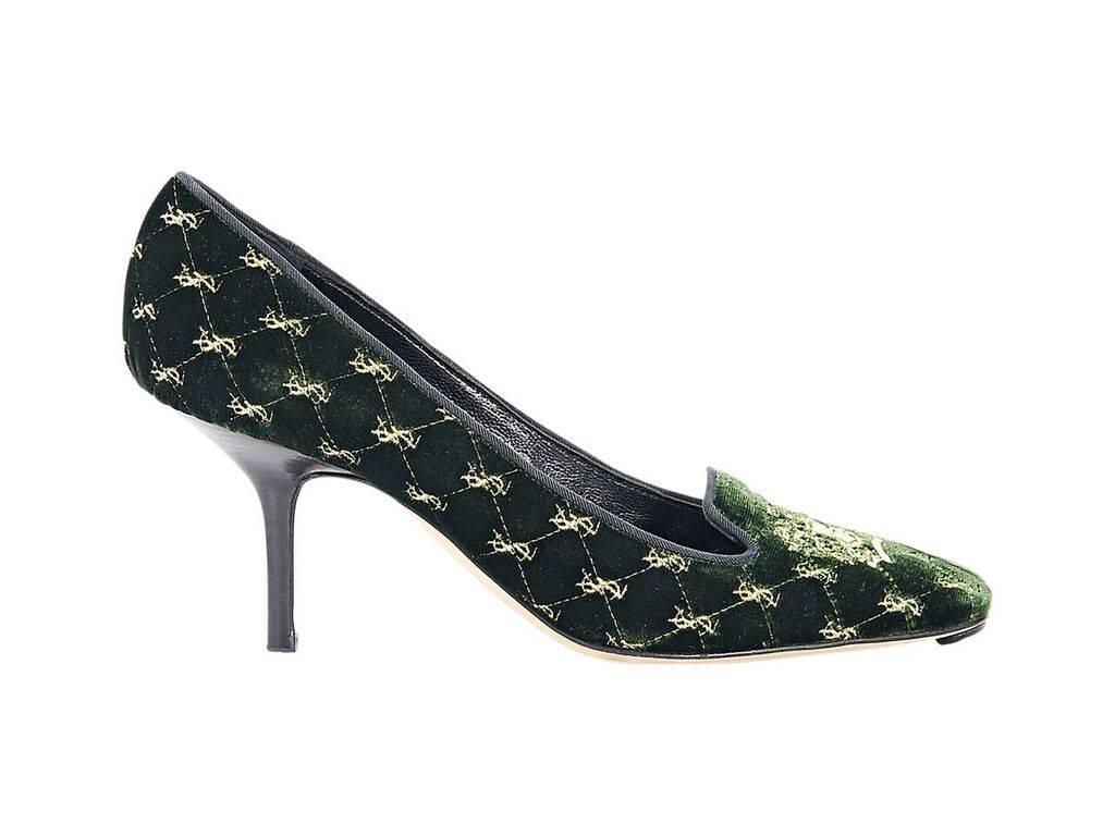 Product details:  Emerald green velvet pumps by Yves Saint Laurent.  Gold logo embroidery.  Square toe.  Stacked heel.  Slip-on style. 
Condition: Pre-owned. Very good.
Est. Retail $ 498.00