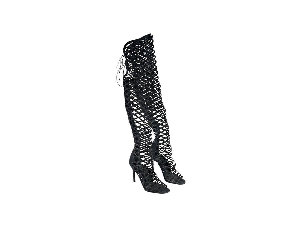 Product details:  Black suede over-the-knee caged boots by Schutz.  Back zip closure with lace-up top.  Open toe.  Silvertone hardware.  
Condition: Pre-owned. Very good.
Est. Retail $ 500.00