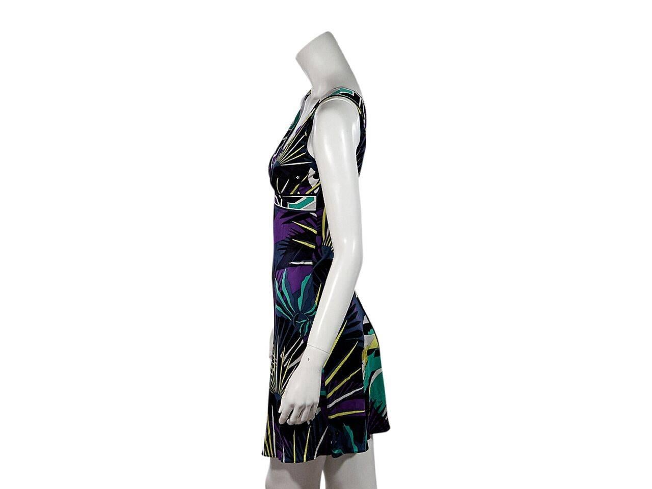 Product details:  Multicolor printed mini dress by Emilio Pucci.  Double v-neck.  Sleeveless.  Banded Empire waist.  Pullover style. 
Condition: Pre-owned. Very good.
Est. Retail $ 438.00