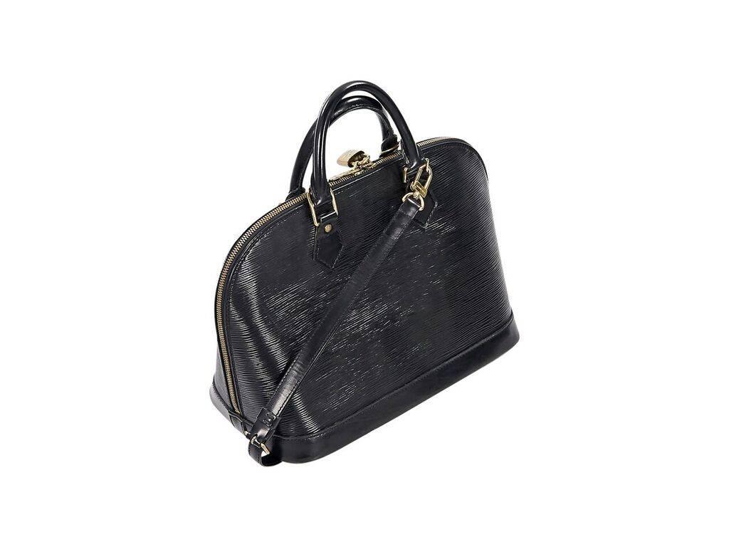 Product details:  Black epi leather Alma satchel by Louis Vuitton.  Dual carry handles.  Detachable, adjustable crossbody strap.  Top zip closure.  Lined interior with inner slide pocket.  Goldtone hardware.  12.5