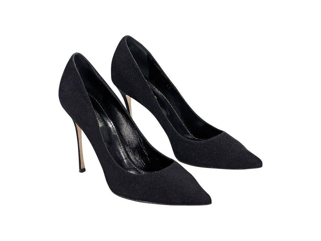 Product details:  Black textured pumps by Sergio Rossi.  Point toe.  Slip-on style. 
Condition: Pre-owned. Very good.
Est. Retail $ 625.00