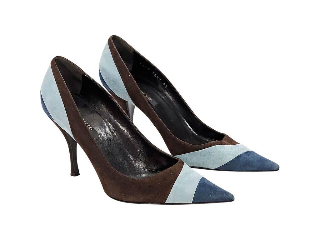 Product details:  ﻿Brown and blue suede pumps by Sergio Rossi.  Point toe.  Slip-on style. 
Condition: Pre-owned. Very good.
Est. Retail $ 498.00